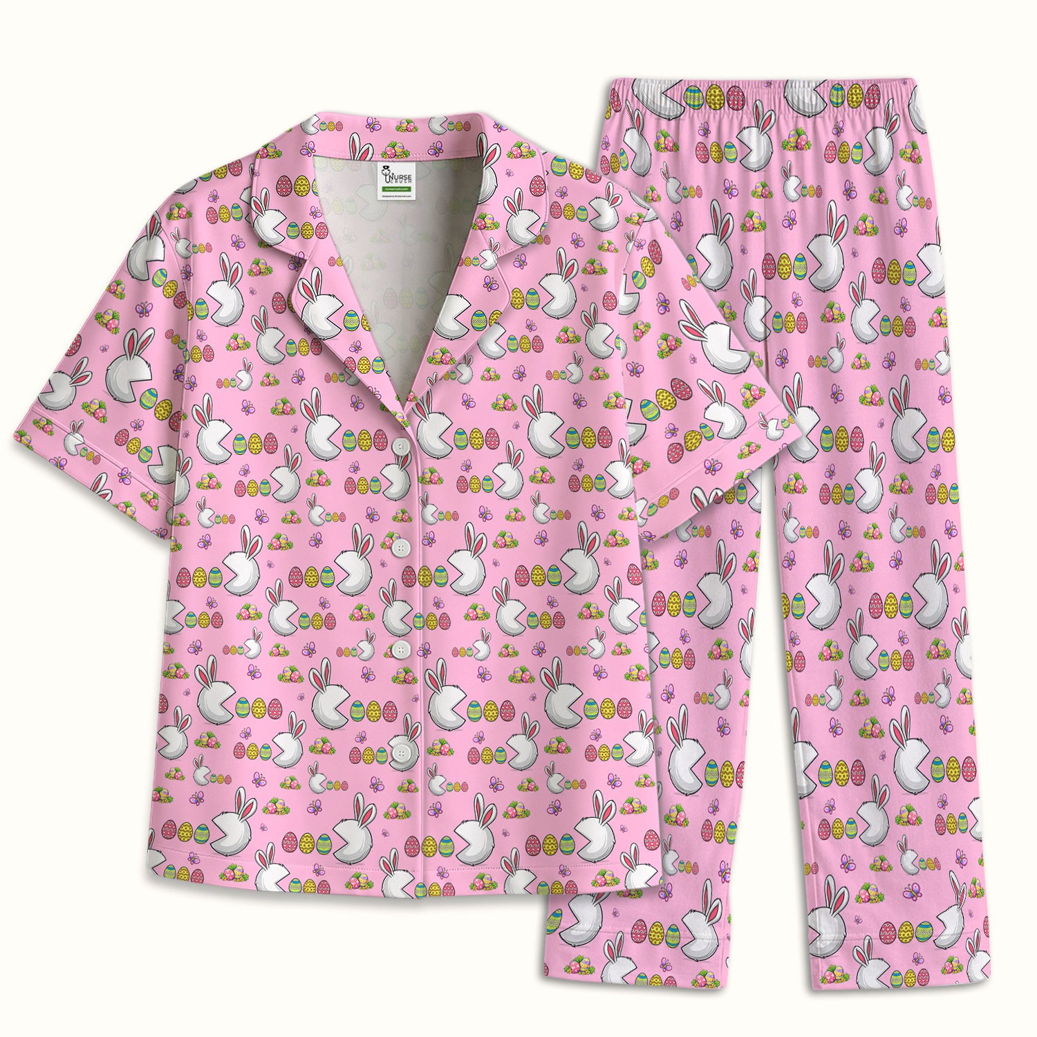 Easter Bunny and Colorful Eggs Print  Pajama Set, Breathable Fabrics Uniform