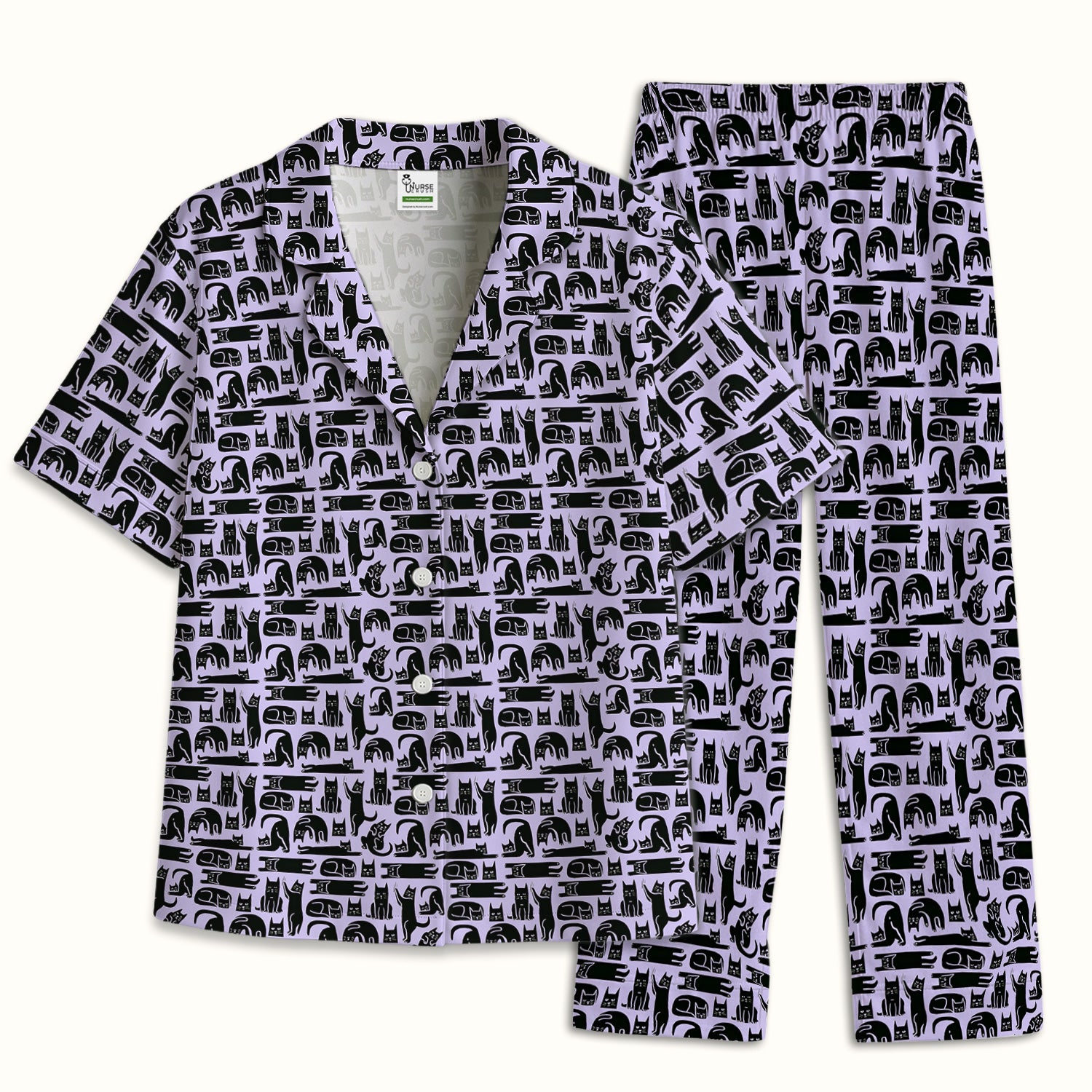 Cute Funny Cat Poses Print Pajama Set, Breathable Fabrics Uniform