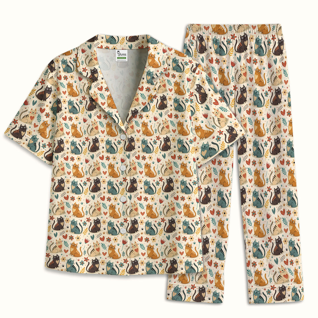 Cute Cat Print Pajama Set, Soft Breathable Fabric Comfortable Sleepwear