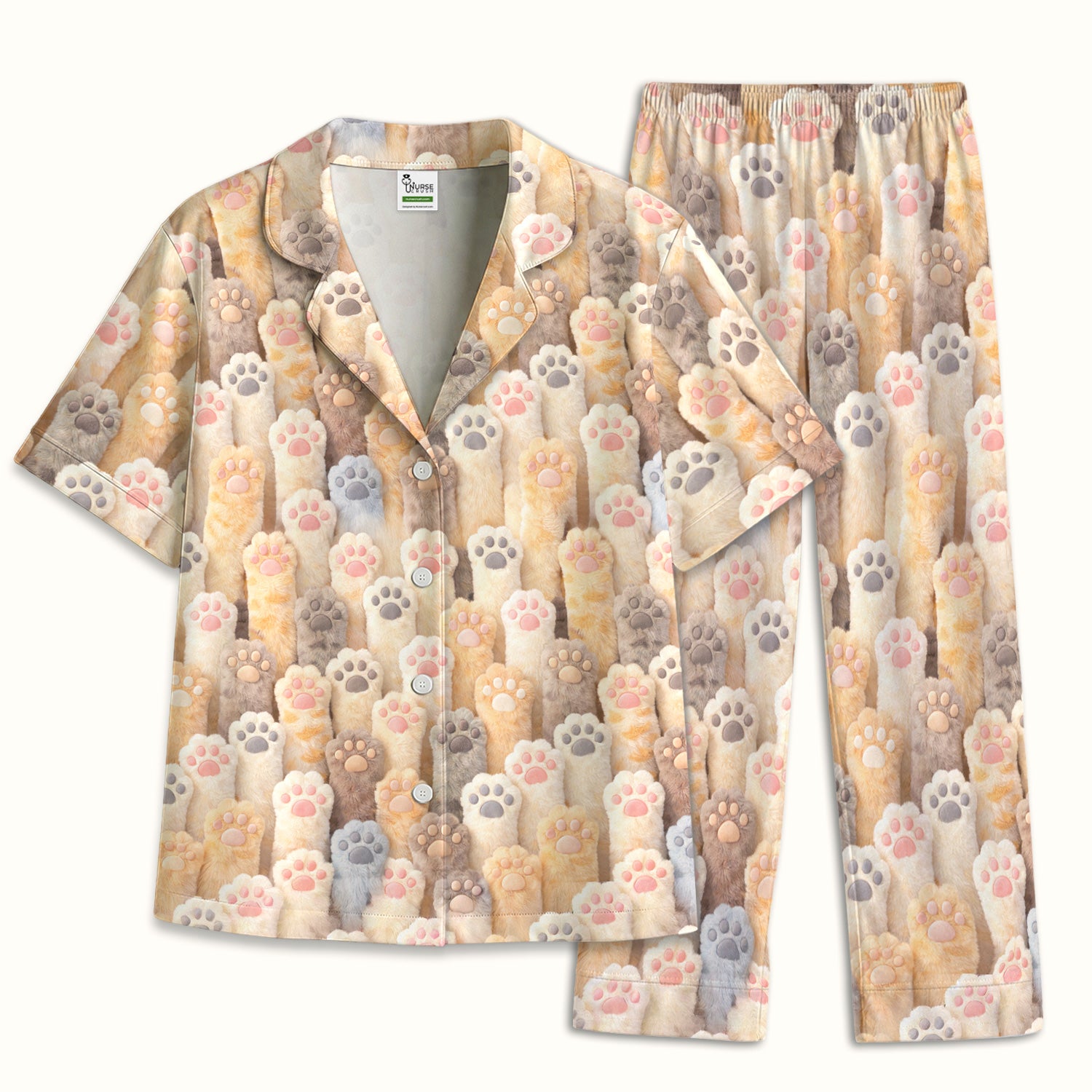 Cute Fluffy Cat Paw Print Pajama Set, Soft Breathable Fabric Comfortable Sleepwear