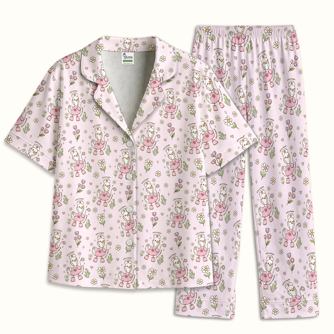 Funny Nurse Goose Daisy Print Pajama Set, Soft Breathable Fabric Comfortable Sleepwear