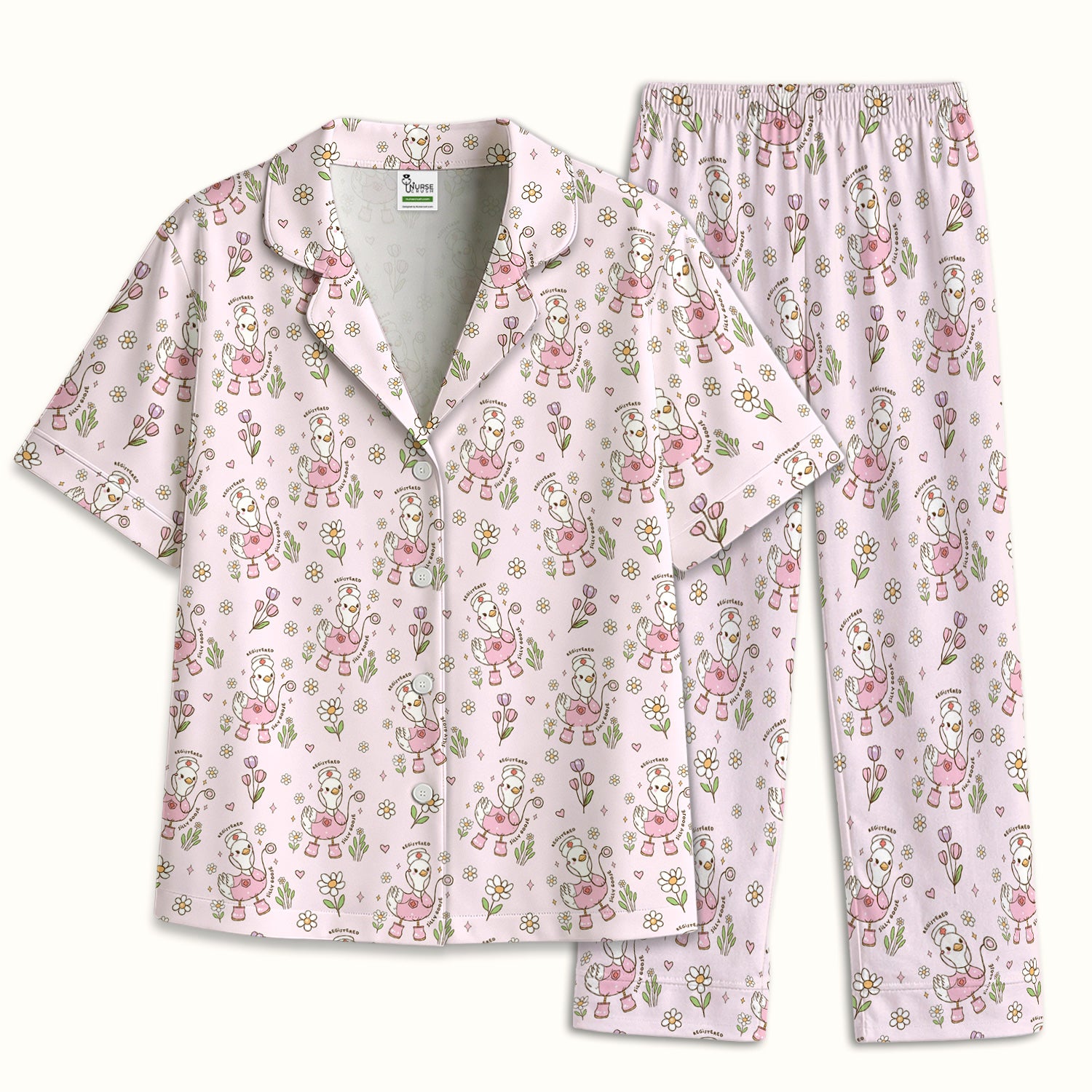 Funny Nurse Goose Daisy Print Pajama Set, Soft Breathable Fabric Comfortable Sleepwear