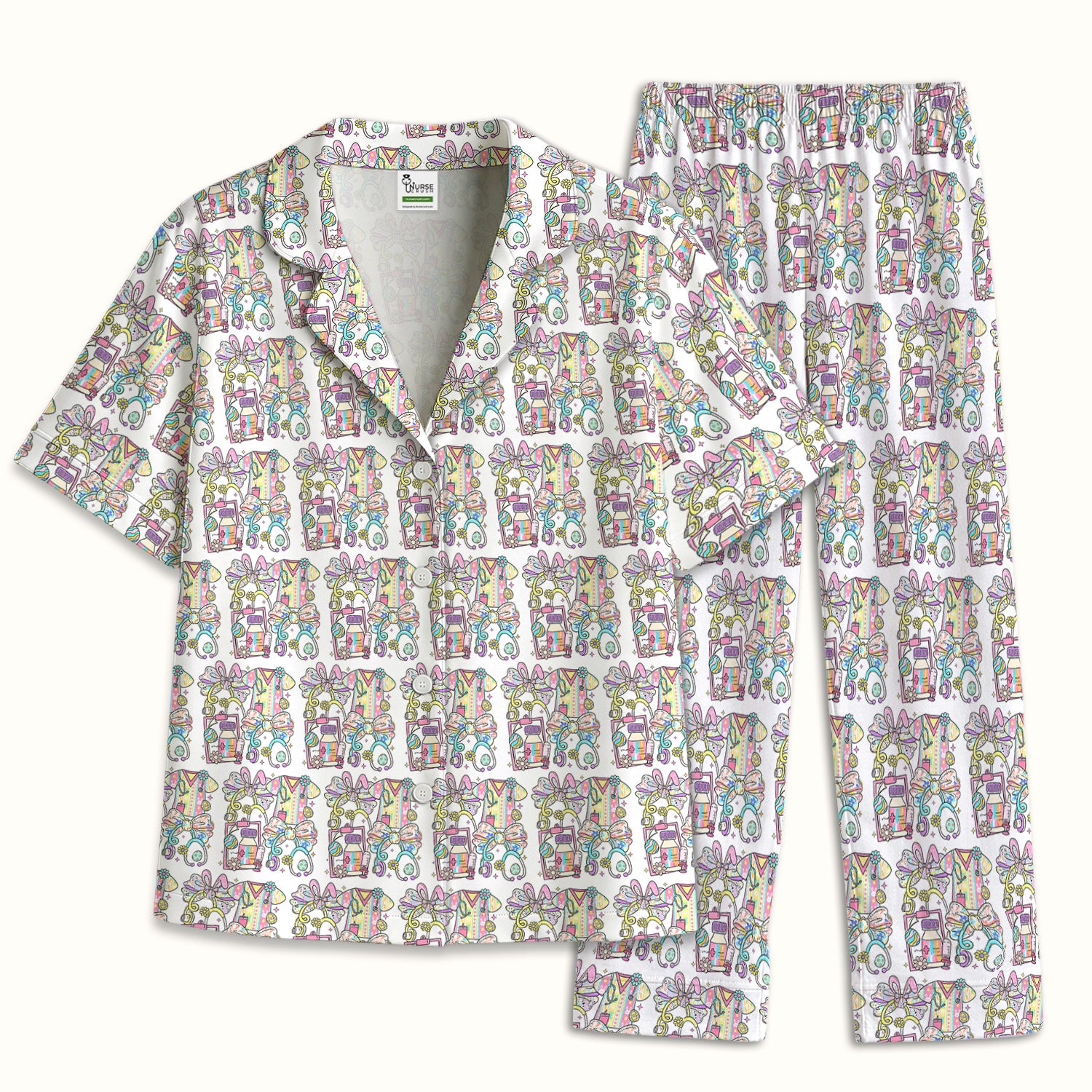 Colorful Nurse Scrub Supplies Pattern Pajama Set, Breathable Fabrics Uniform