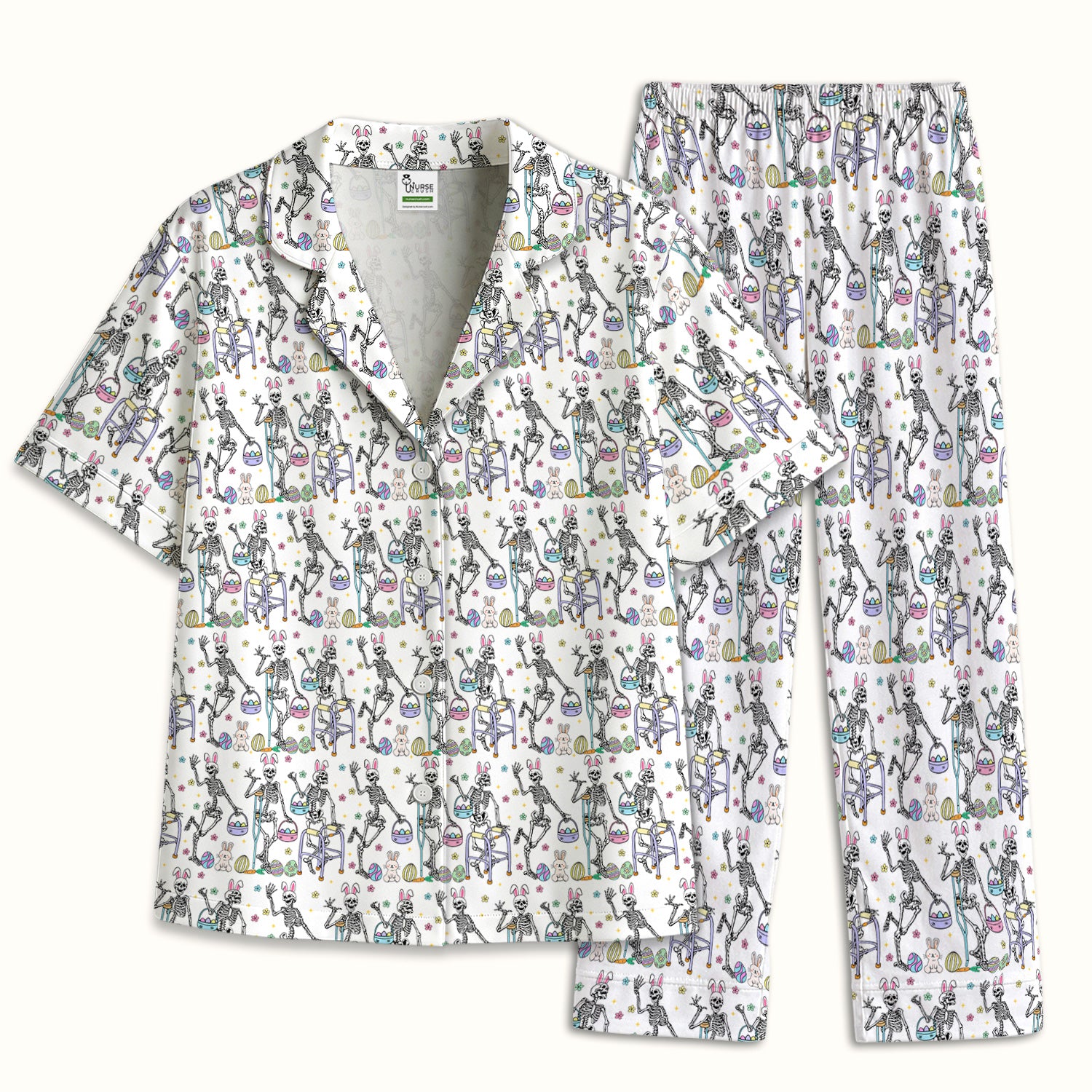 Fun Skeleton Bunny Easter Print Pajama Set, Breathable Fabrics Uniform