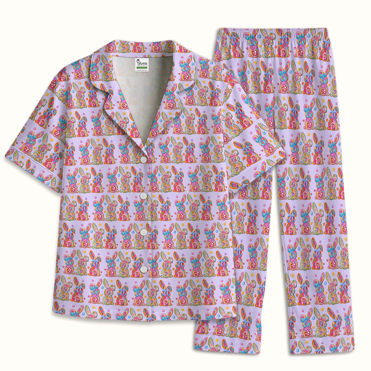 Cute Pastel Bunny Floral Pattern Pajama Set, Breathable Fabrics Uniform