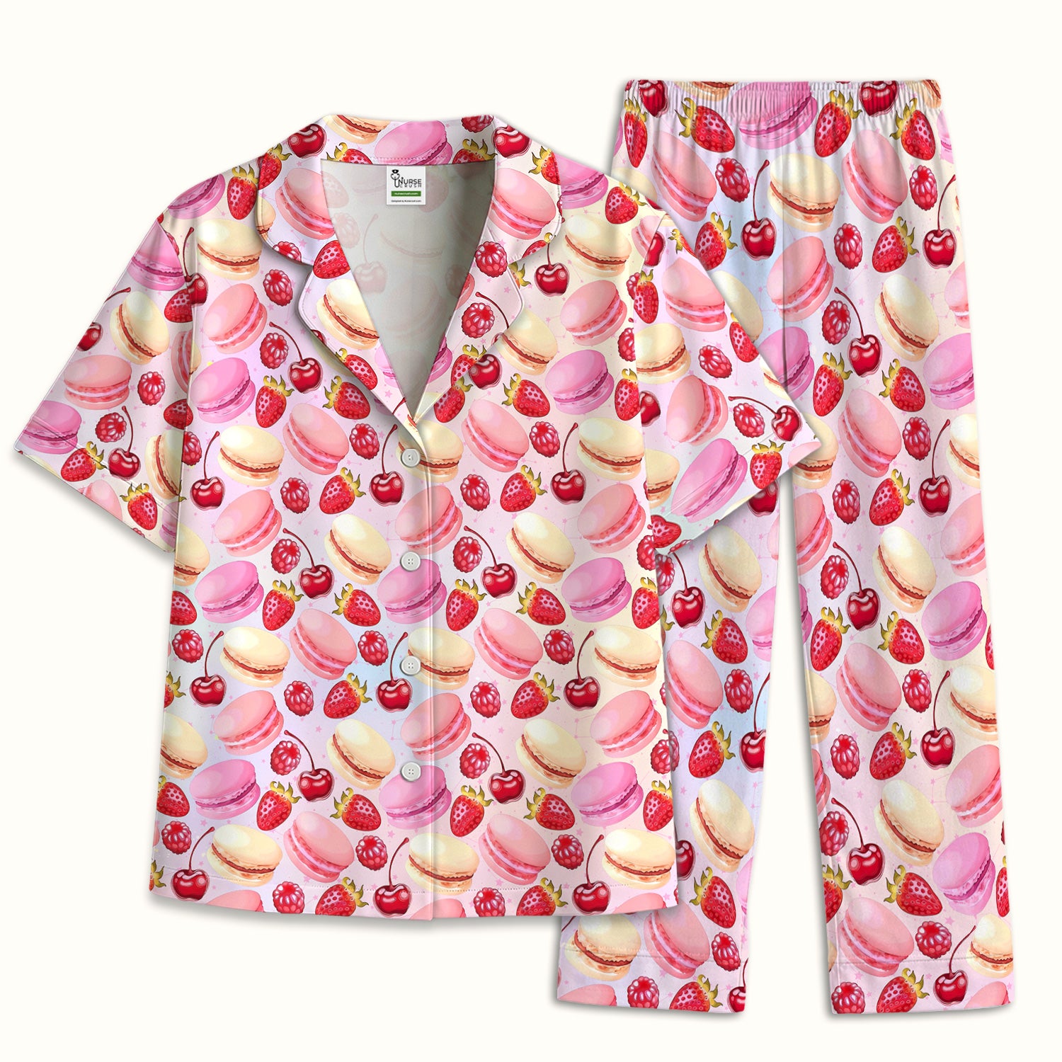Sweet Dessert Pattern Pajama Set, Breathable Fabrics Uniform