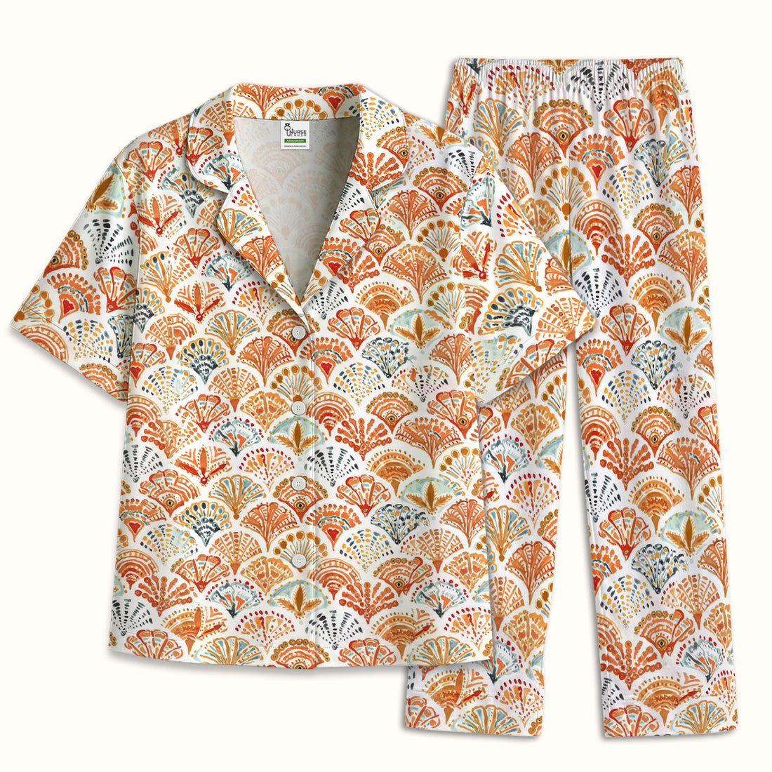 Cute Boho Fan Pattern Pajama Set, Soft Breathable Fabric Comfortable Sleepwear