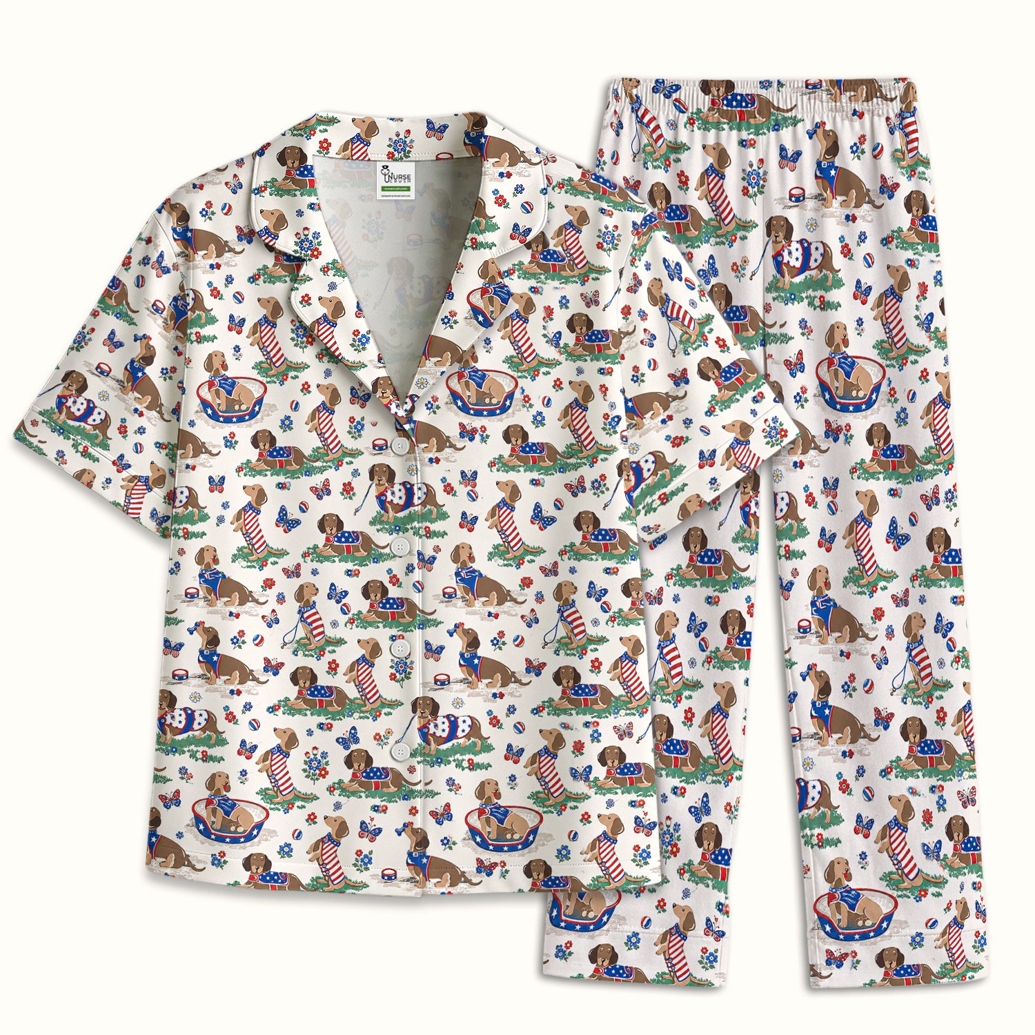 Patriotic Dachshund Garden Party Pattern Pajama Set, Soft Breathable Fabric Comfortable Sleepwear