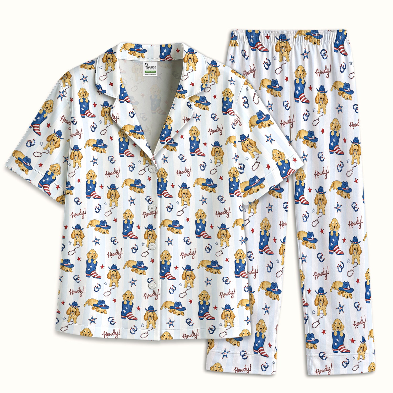 Patriotic Howdy Golden Dog Western Pattern Pajama Set, Soft Breathable Fabric Comfortable Sleepwear
