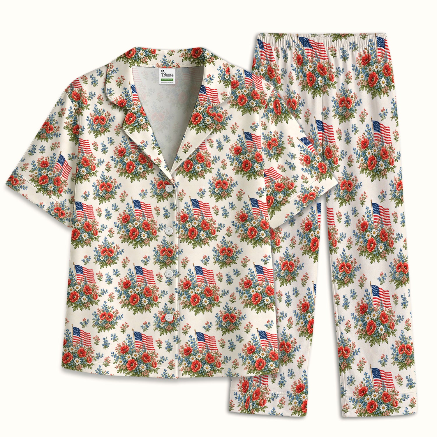 Patriotic Floral With USA Flag Pattern Pajama Set, Soft Breathable Fabric Comfortable Sleepwear
