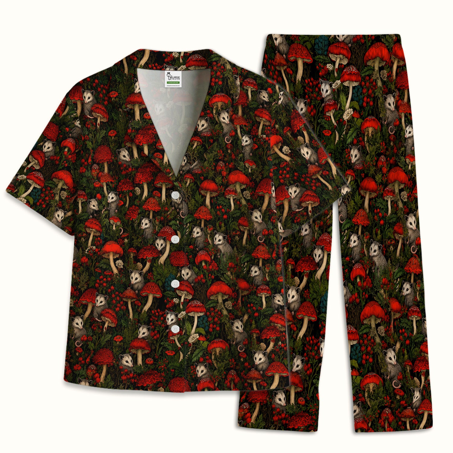 Woodland Opossum Red Mushroom Pattern Pajama Set, Soft Breathable Fabric Comfortable Sleepwear