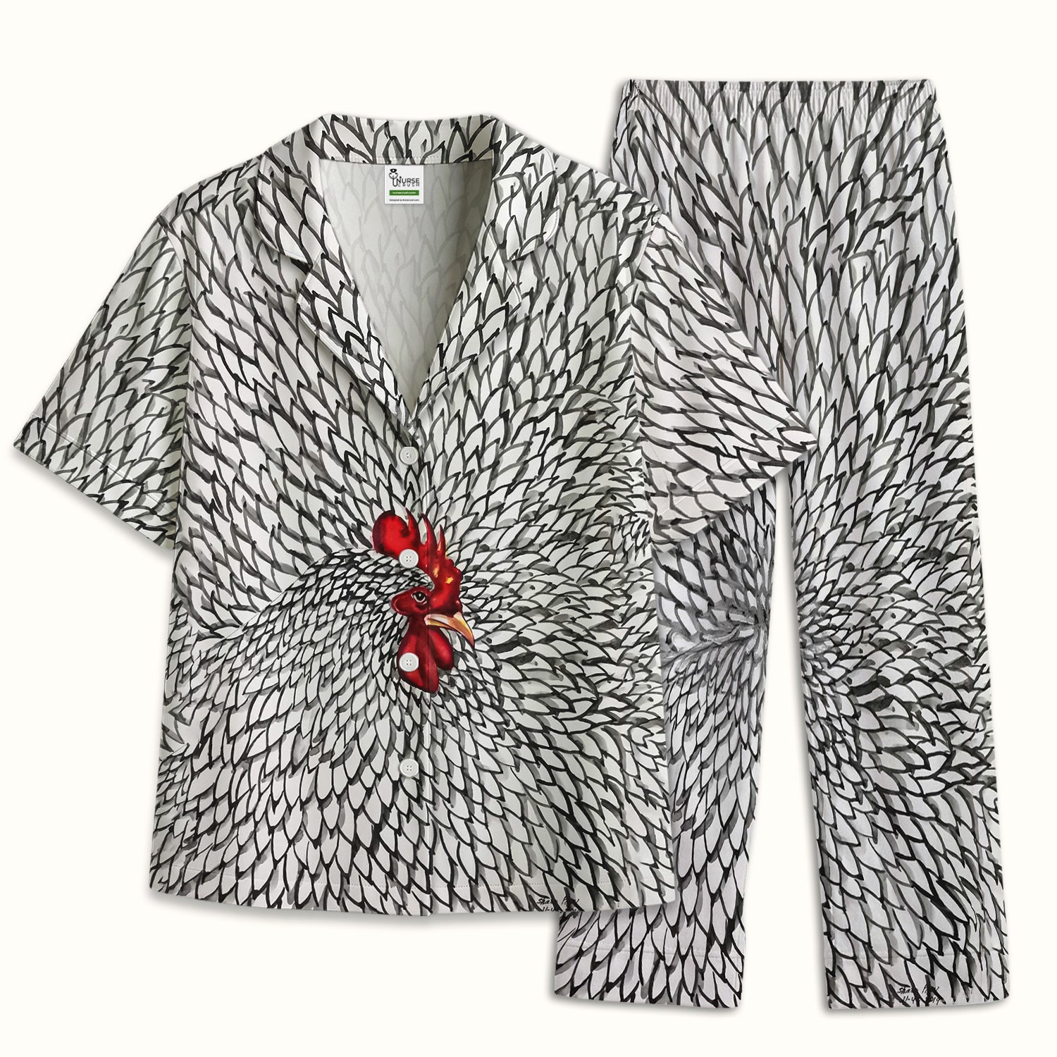 Watercolor Rooster Feather Pattern Pajama Set, Soft Breathable Fabric Comfortable Sleepwear