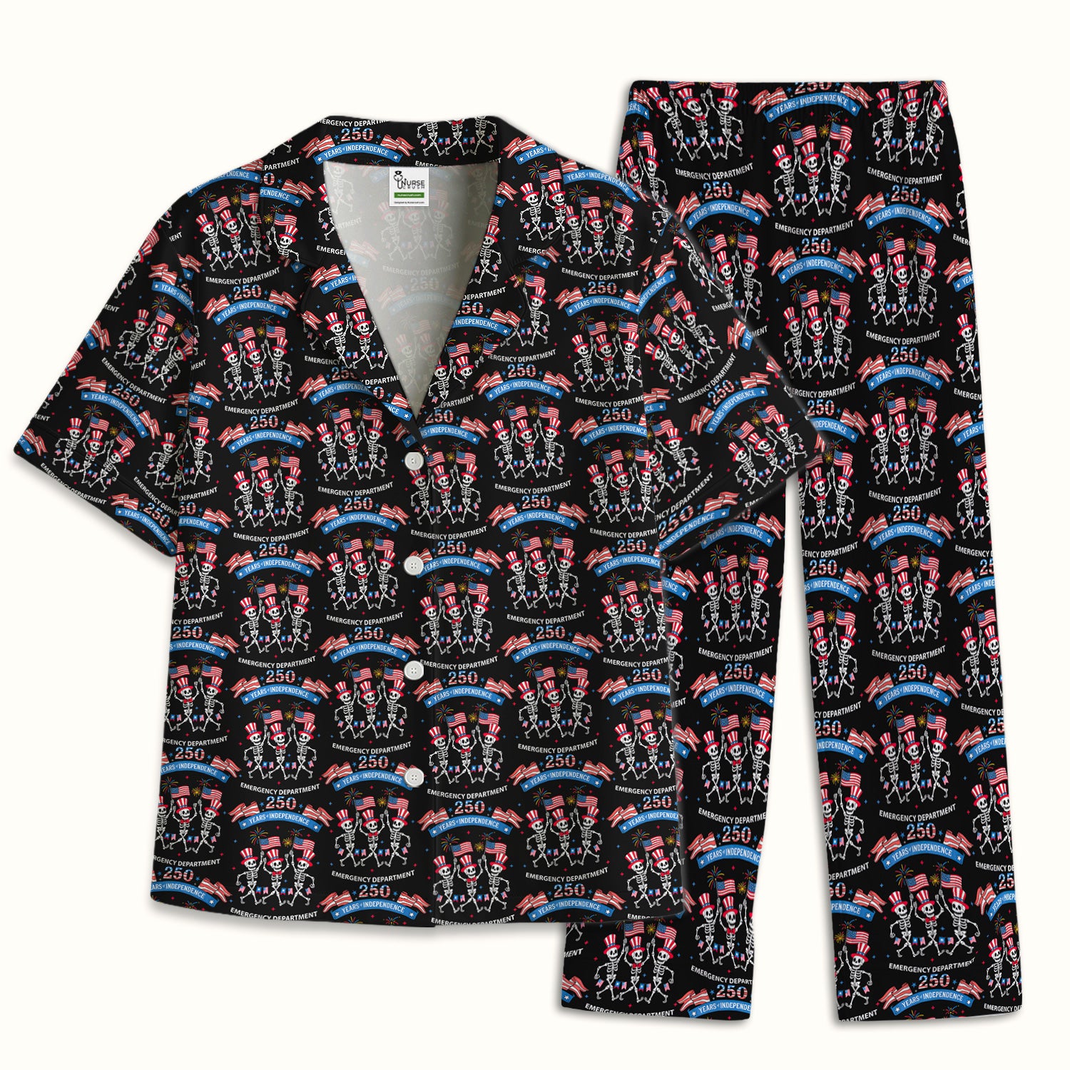 Patriotic Skeleton 250 Years ER Print Pajama Set, Breathable Fabrics Uniform