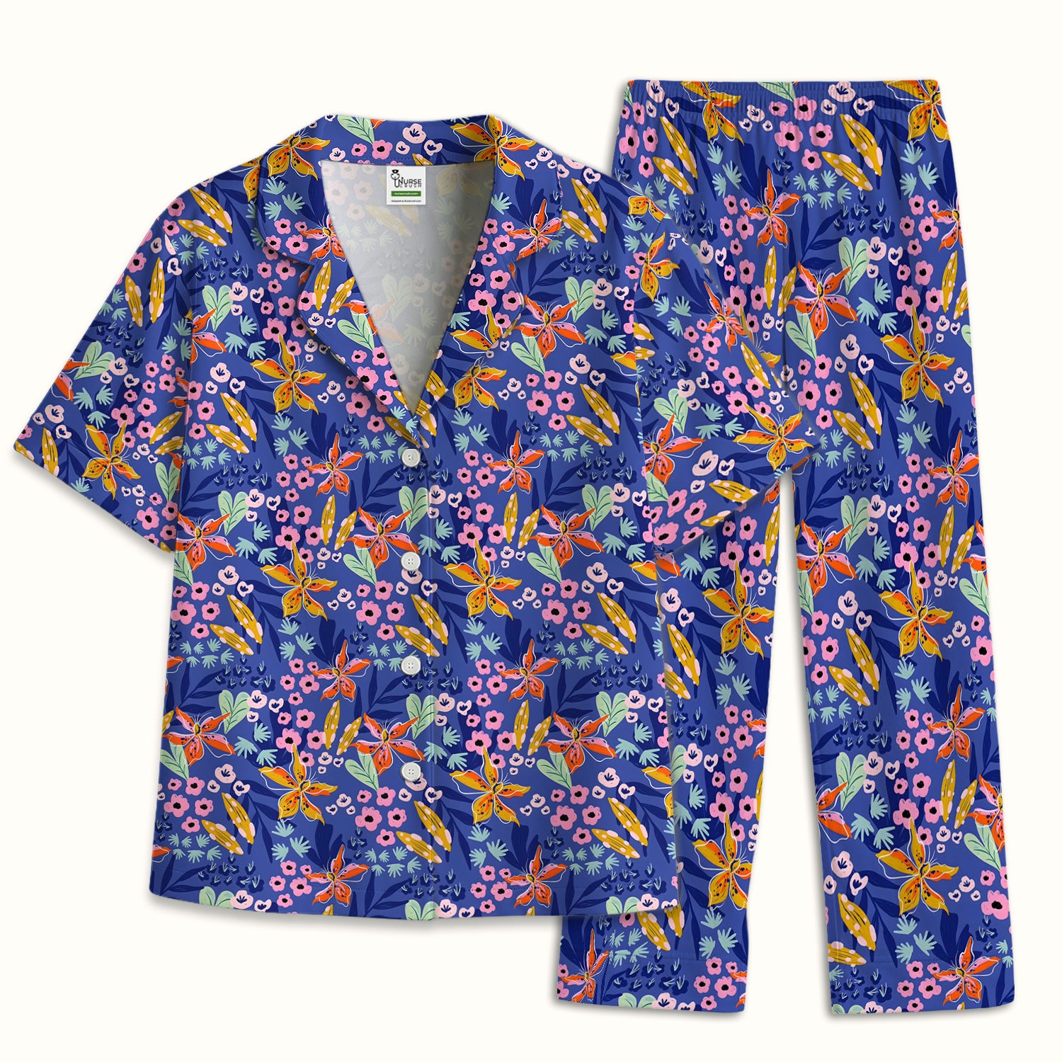 Nurse Blue Lily Floral Garden Pattern Pajama Set, Soft Breathable Fabric Comfortable Sleepwear