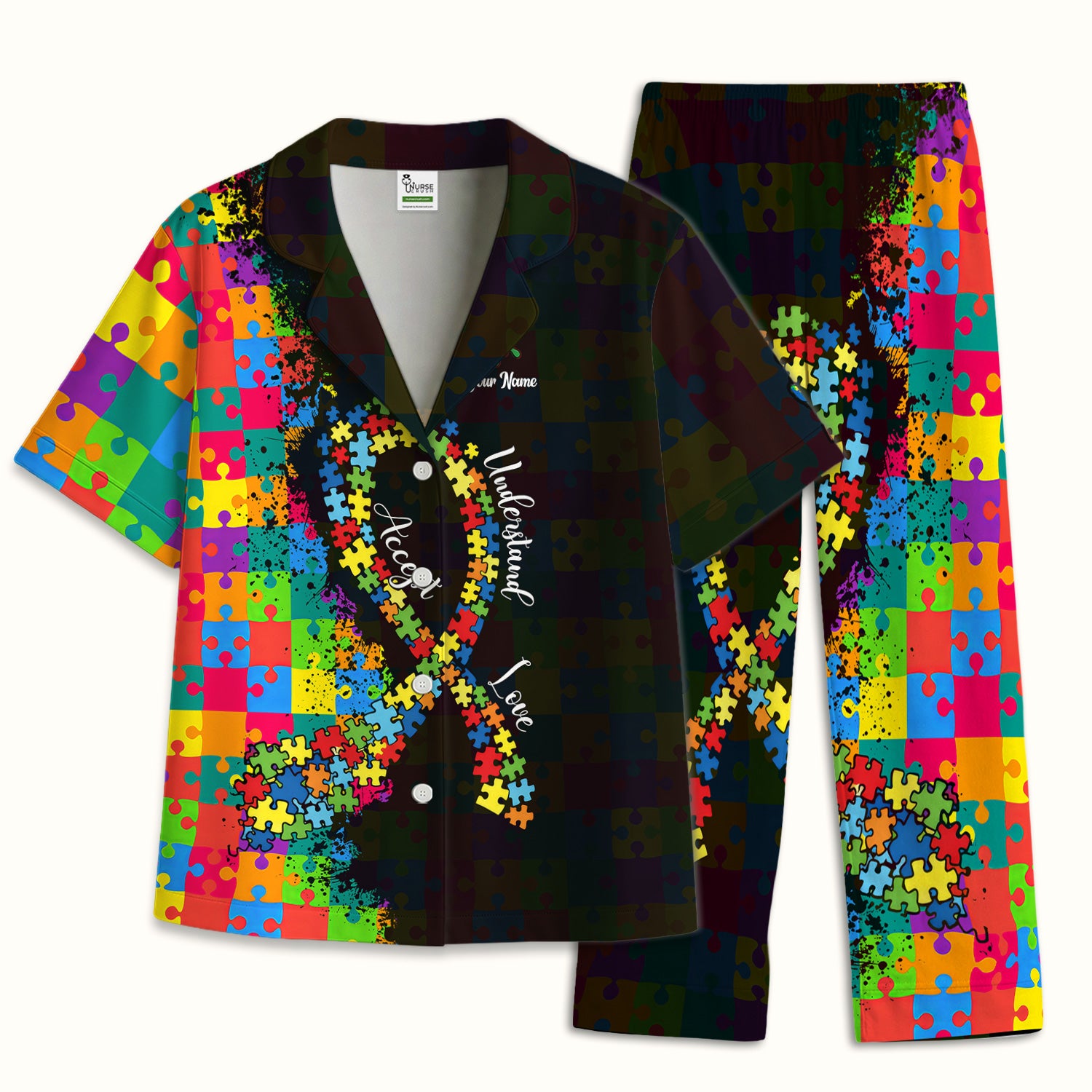 Personalized Autism Puzzle Ribbon Colorful Print Pajama Set, Breathable Fabrics Uniform