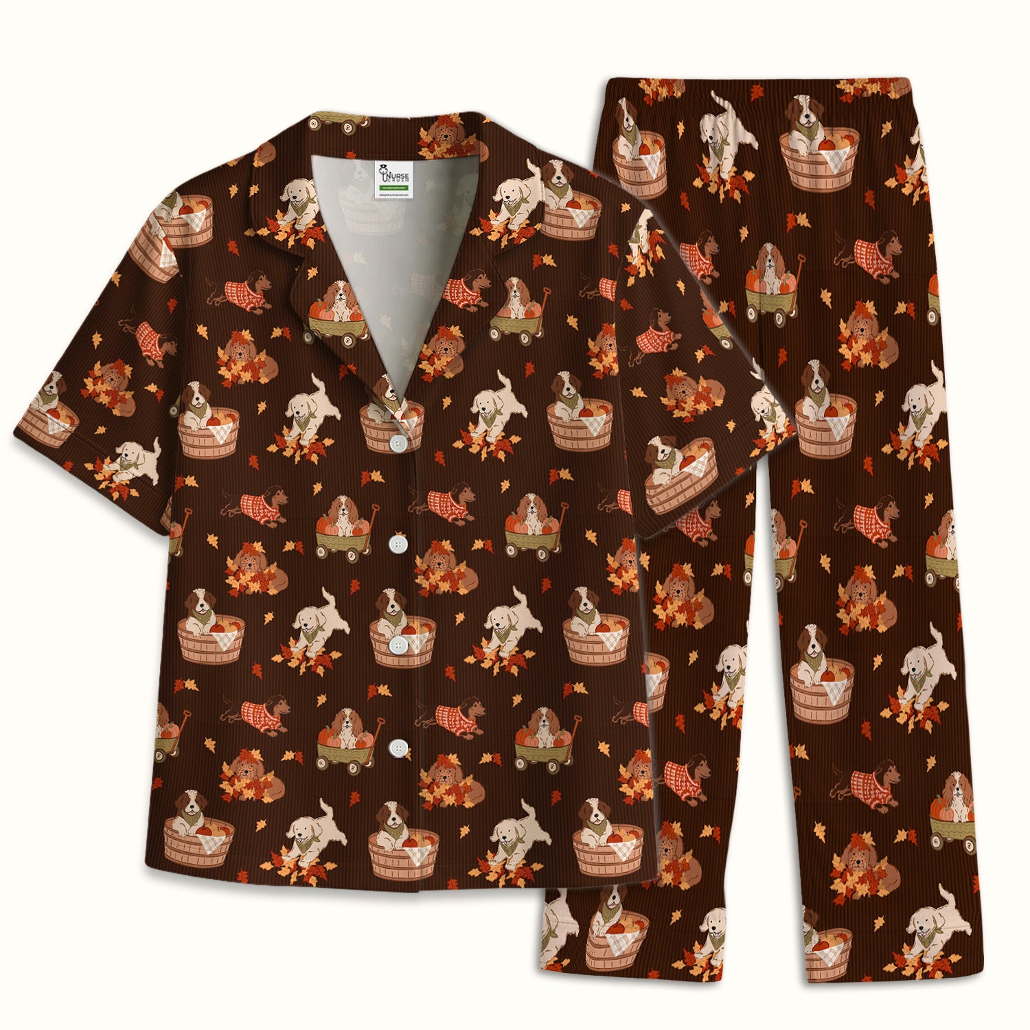 Cute Autumn Dogs And Falling Leaves Pajama Set, Soft Breathable Fabric Comfortable Sleepwear