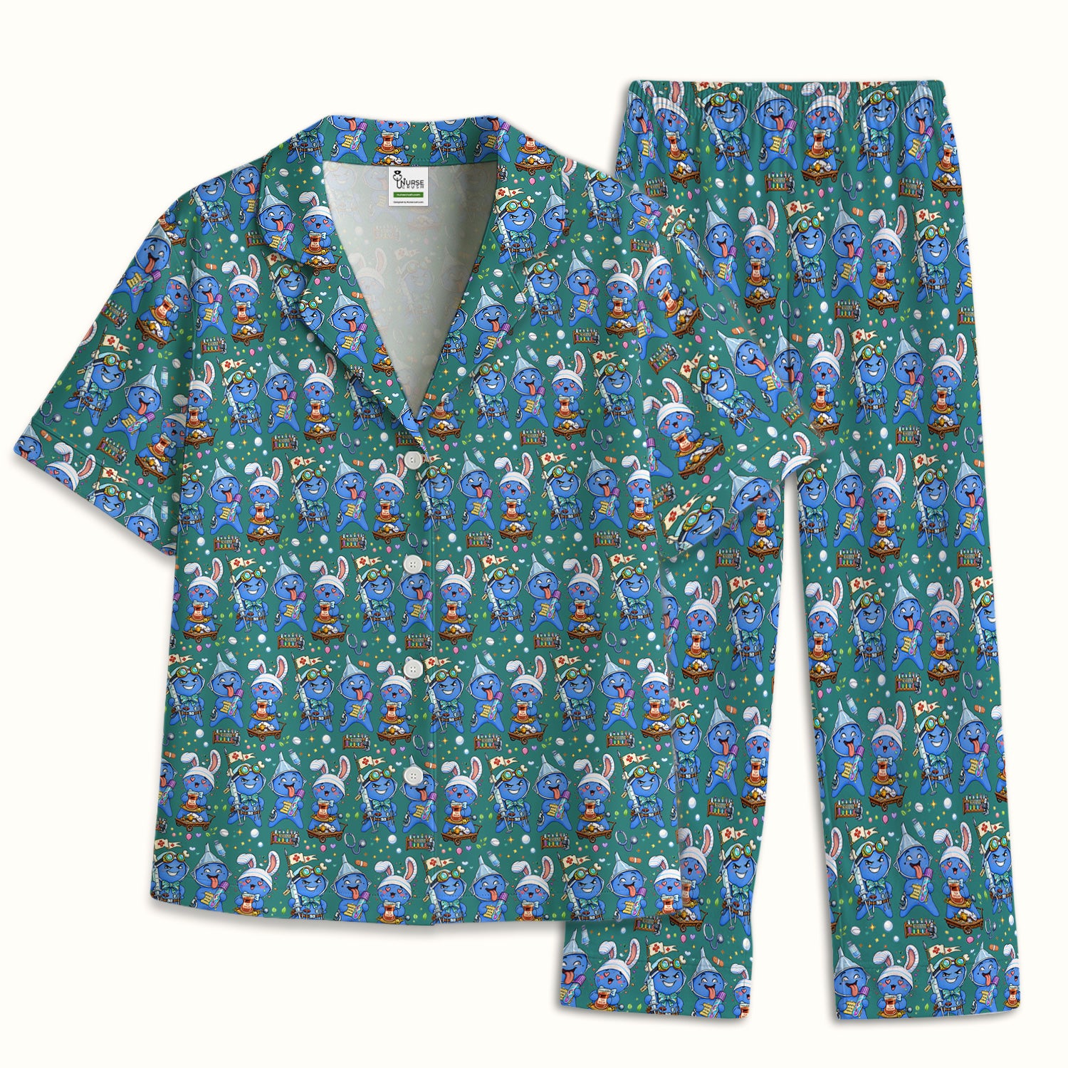 Cute Glove Doll Hospital Medical Cartoon Nurse Pattern Pajama Set, Breathable Fabrics Uniform