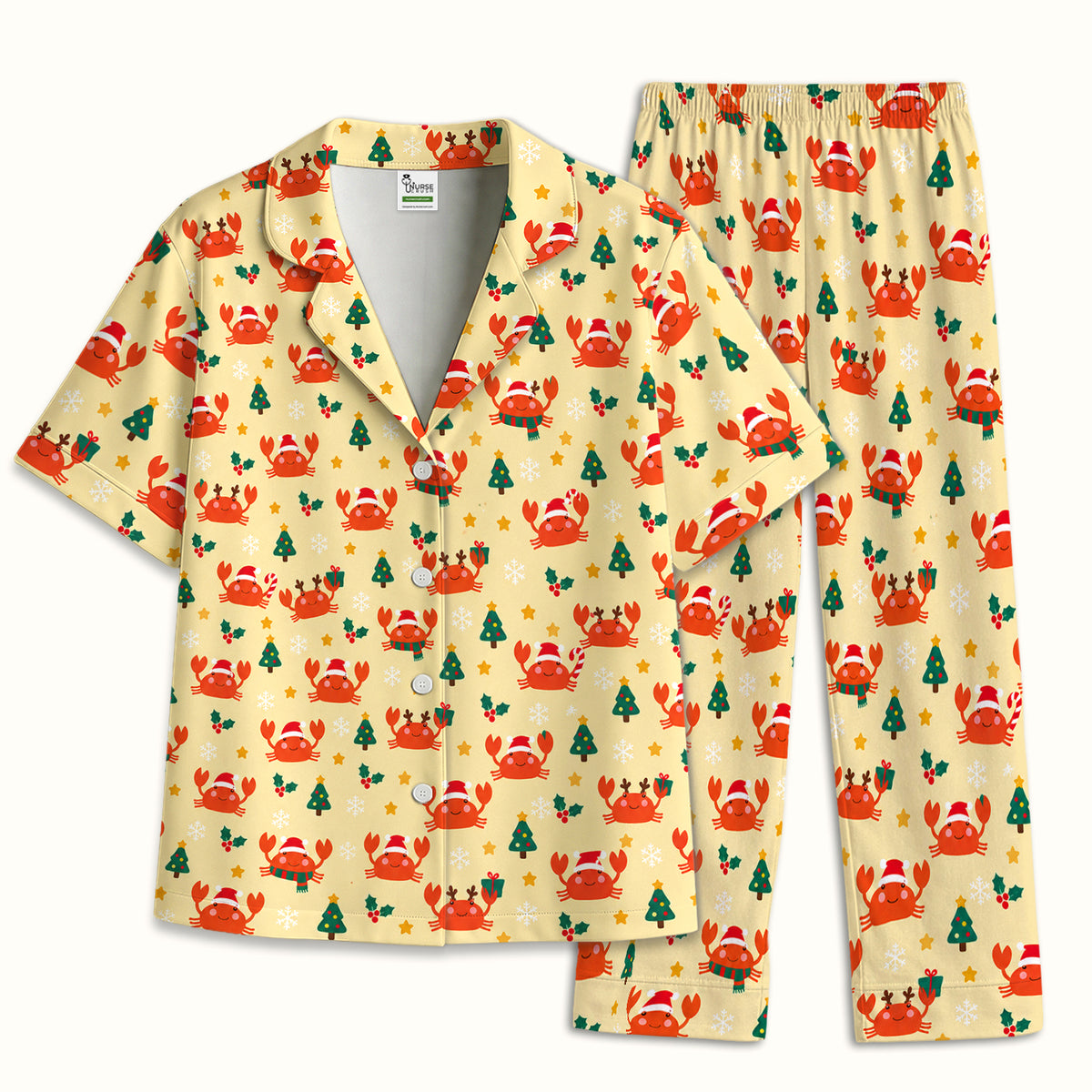 Christmas Crabs And Trees Pattern Pajama Set, Soft Breathable Fabric Comfortable Sleepwear