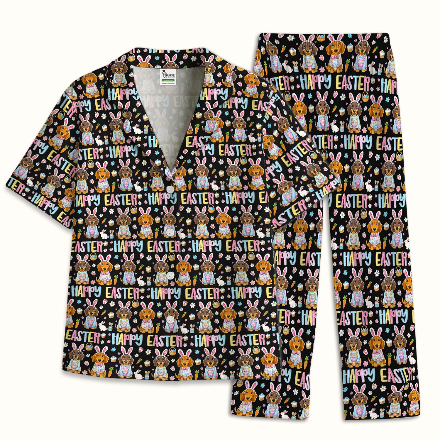 Happy Easter Dachshund Bunny Print Pajama Set, Breathable Fabrics Uniform