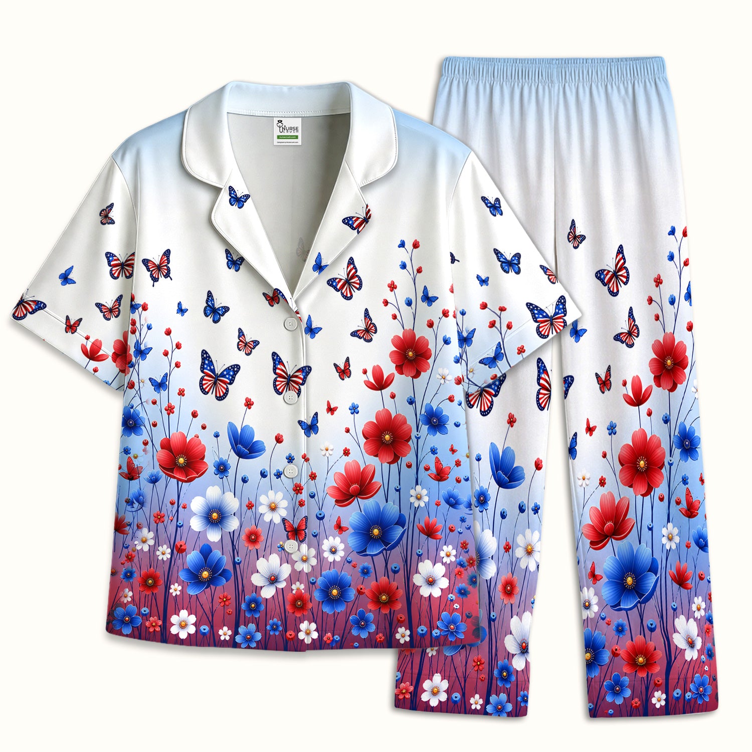 Patriotic Butterfly Wildflower Garden Pattern Pajama Set, Soft Breathable Fabric Comfortable Sleepwear