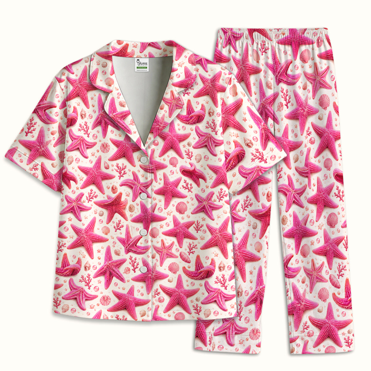 Pink Starfish And Seashell Pattern Pajama Set, Soft Breathable Fabric Comfortable Sleepwear