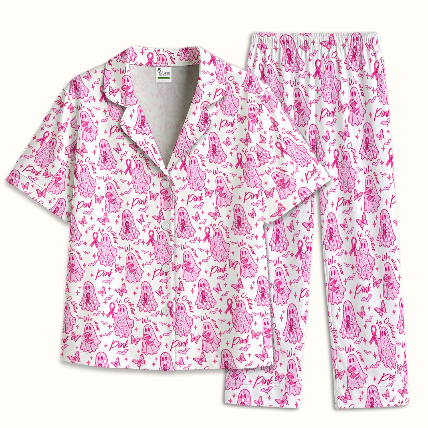 Pink Ribbon Ghost Pajama Set, Soft Breathable Fabric Comfortable Sleepwear