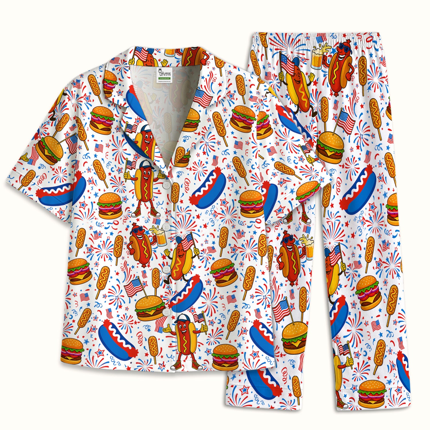 Patriotic Hot Dog Burger Fireworks Pajama Set, Soft Breathable Fabric Comfortable Sleepwear