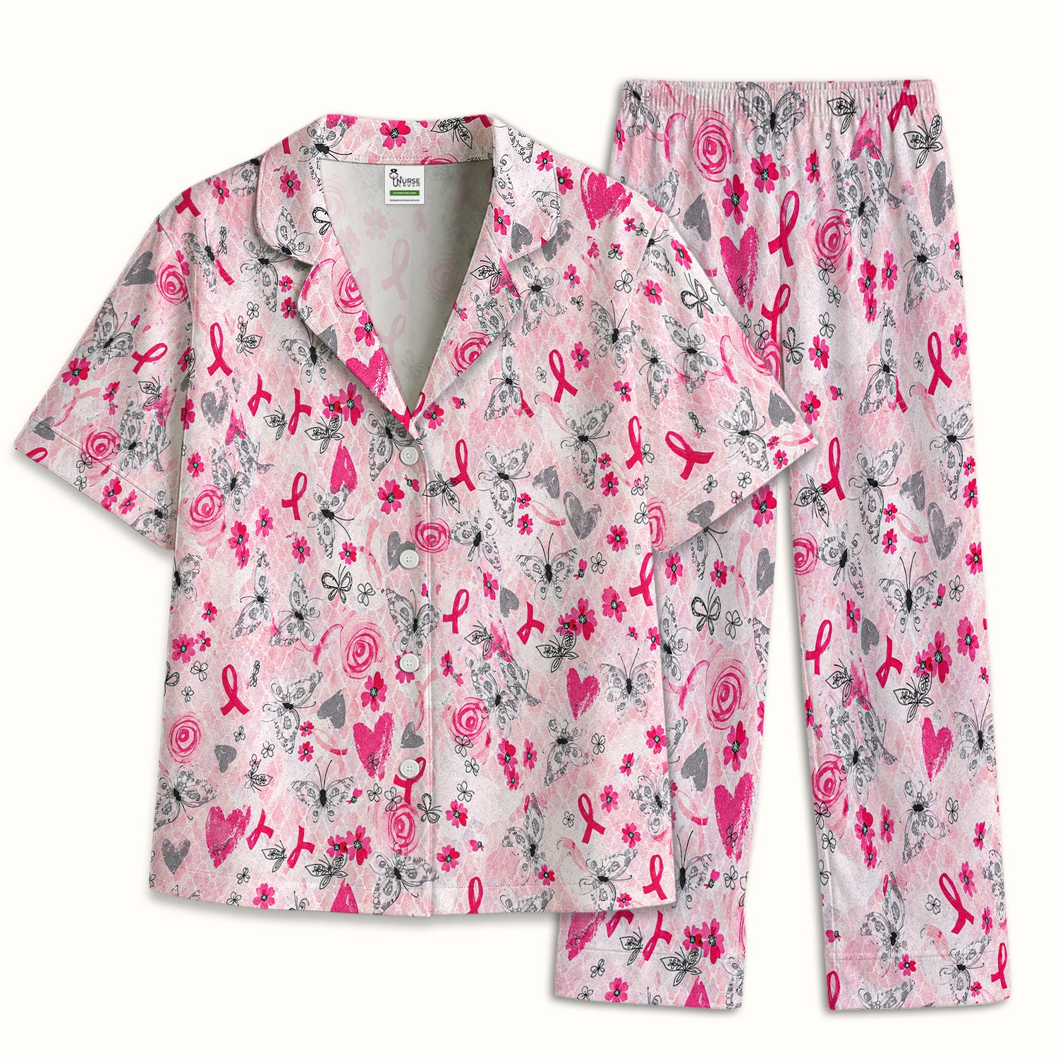 Breast Cancer Awareness Butterfly Floral Pajama Set, Soft Breathable Fabric Comfortable Sleepwear