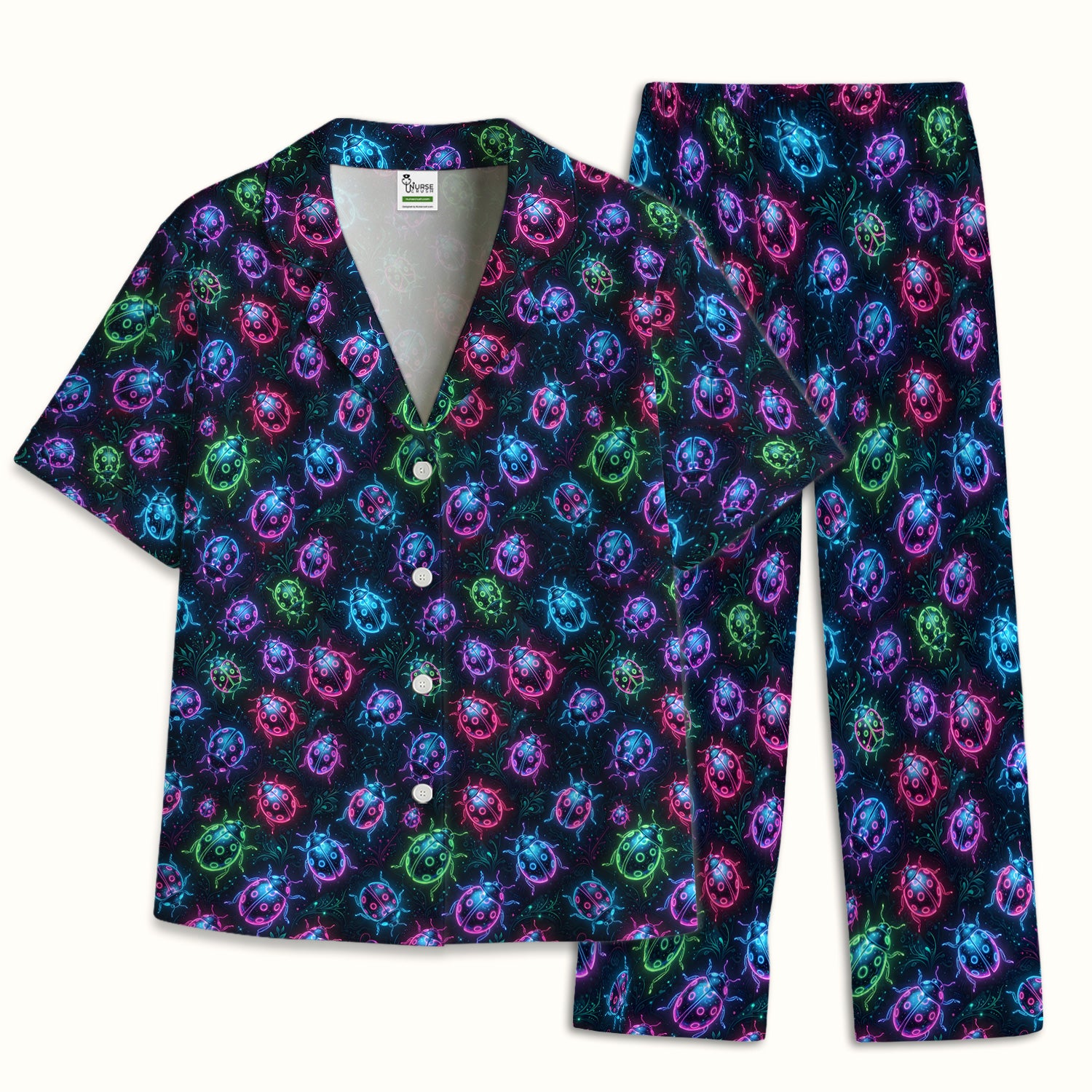 Colorful Neon Ladybug Pattern Pajama Set, Soft Breathable Fabric Comfortable Sleepwear