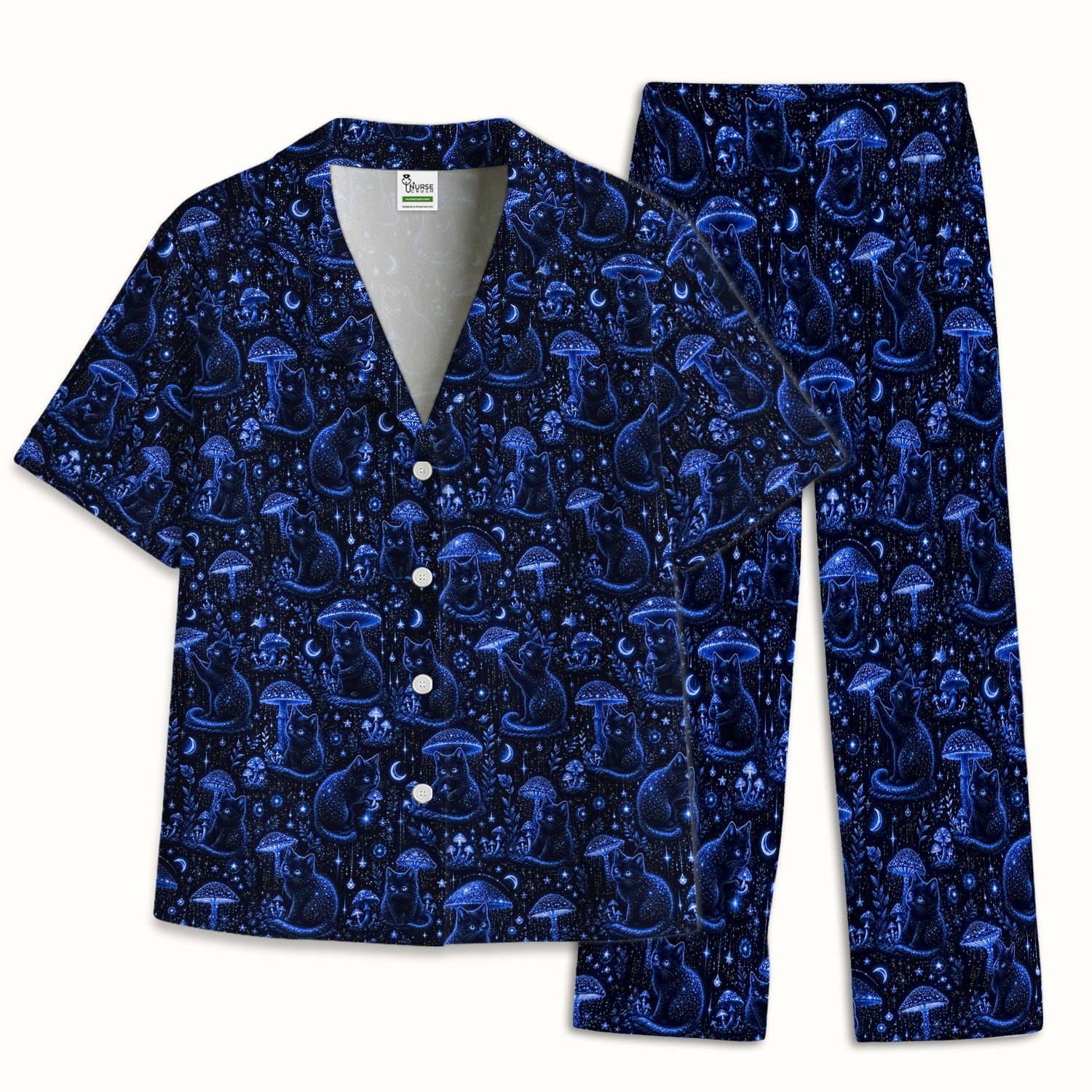 Celestial Black Cat Mushroom Pattern Pajama Set, Soft Breathable Fabric Comfortable Sleepwear