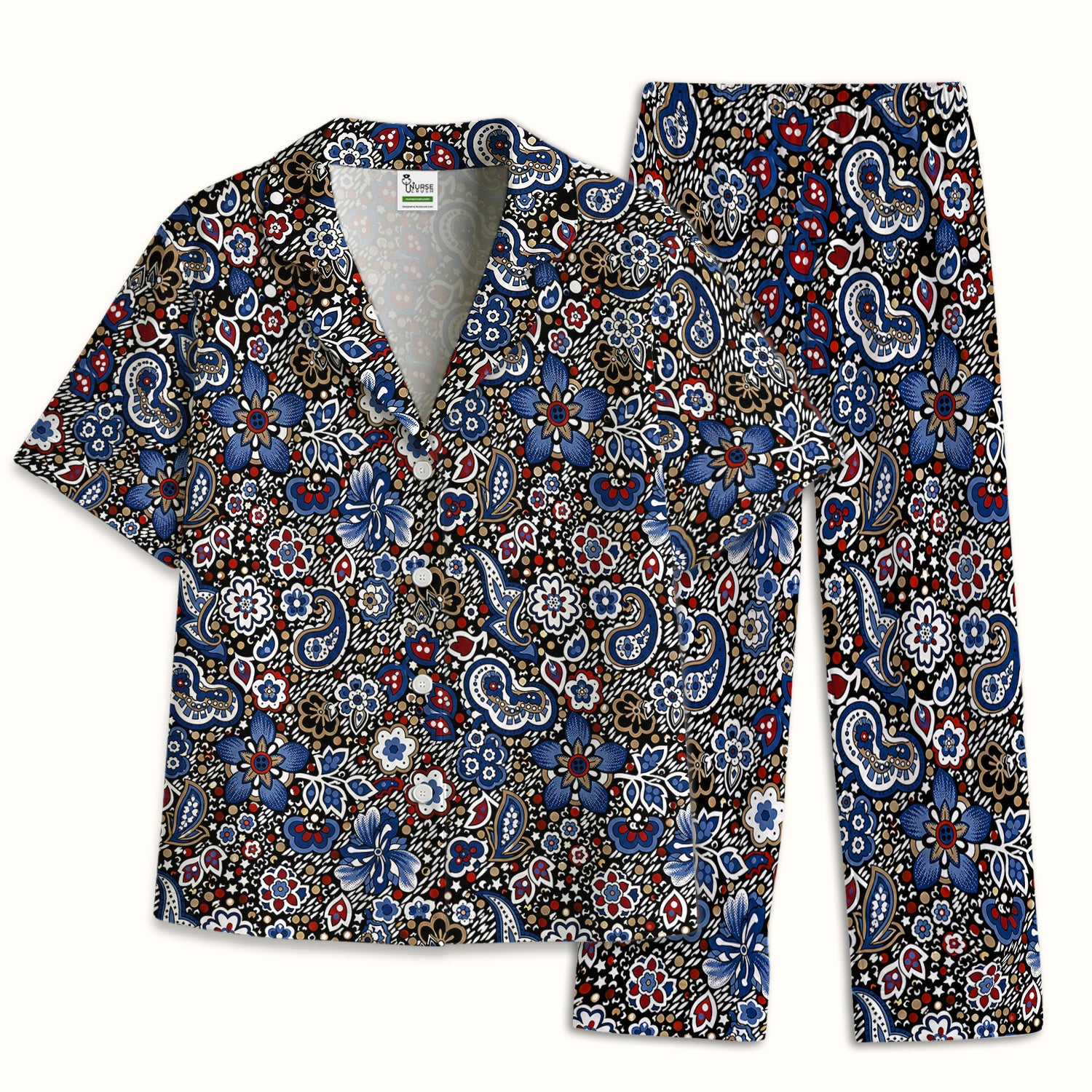 Classic Paisley Floral Pattern Pajama Set, Soft Breathable Fabric Comfortable Sleepwear