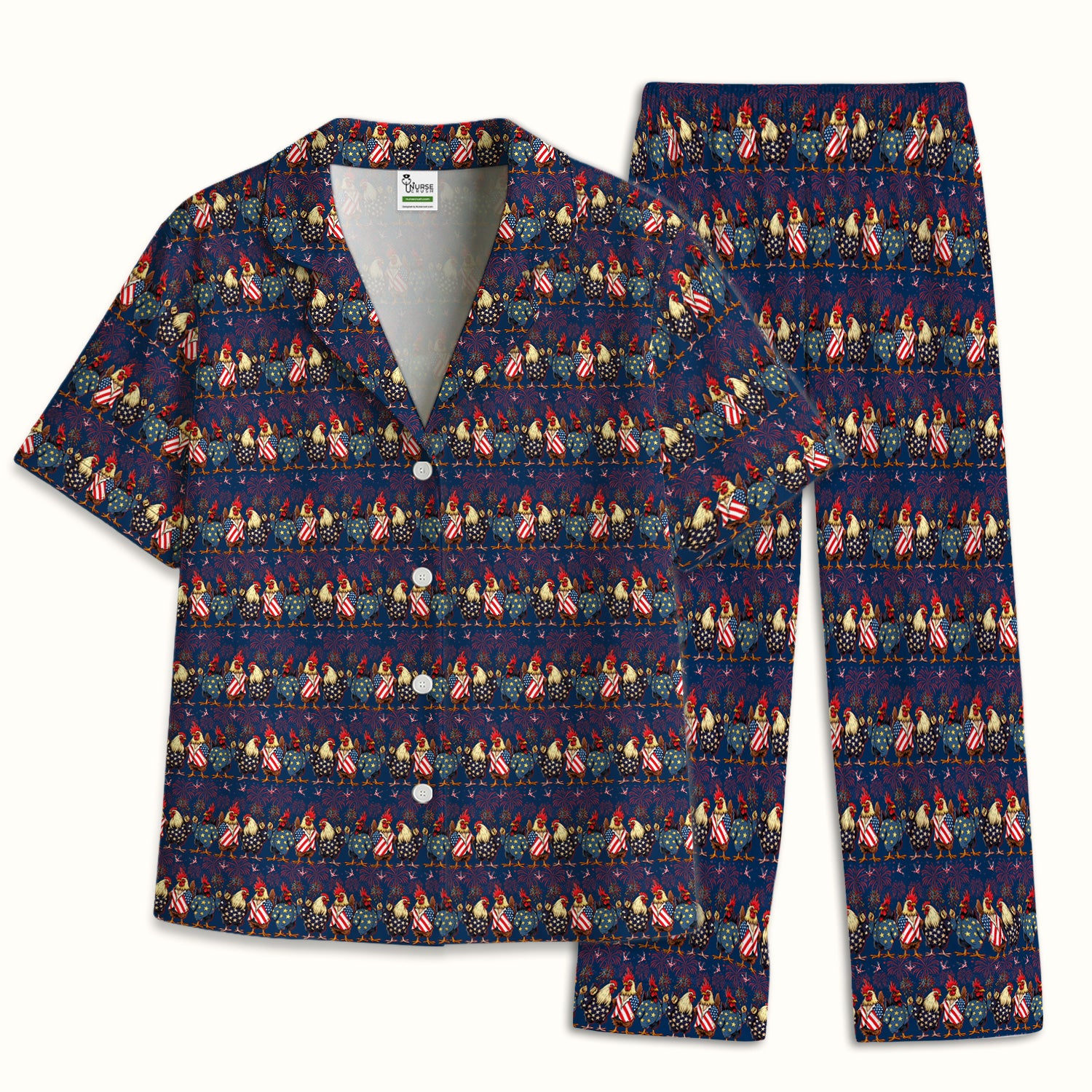 Patriotic Rooster Fireworks Pattern Pajama Set, Breathable Fabrics Uniform
