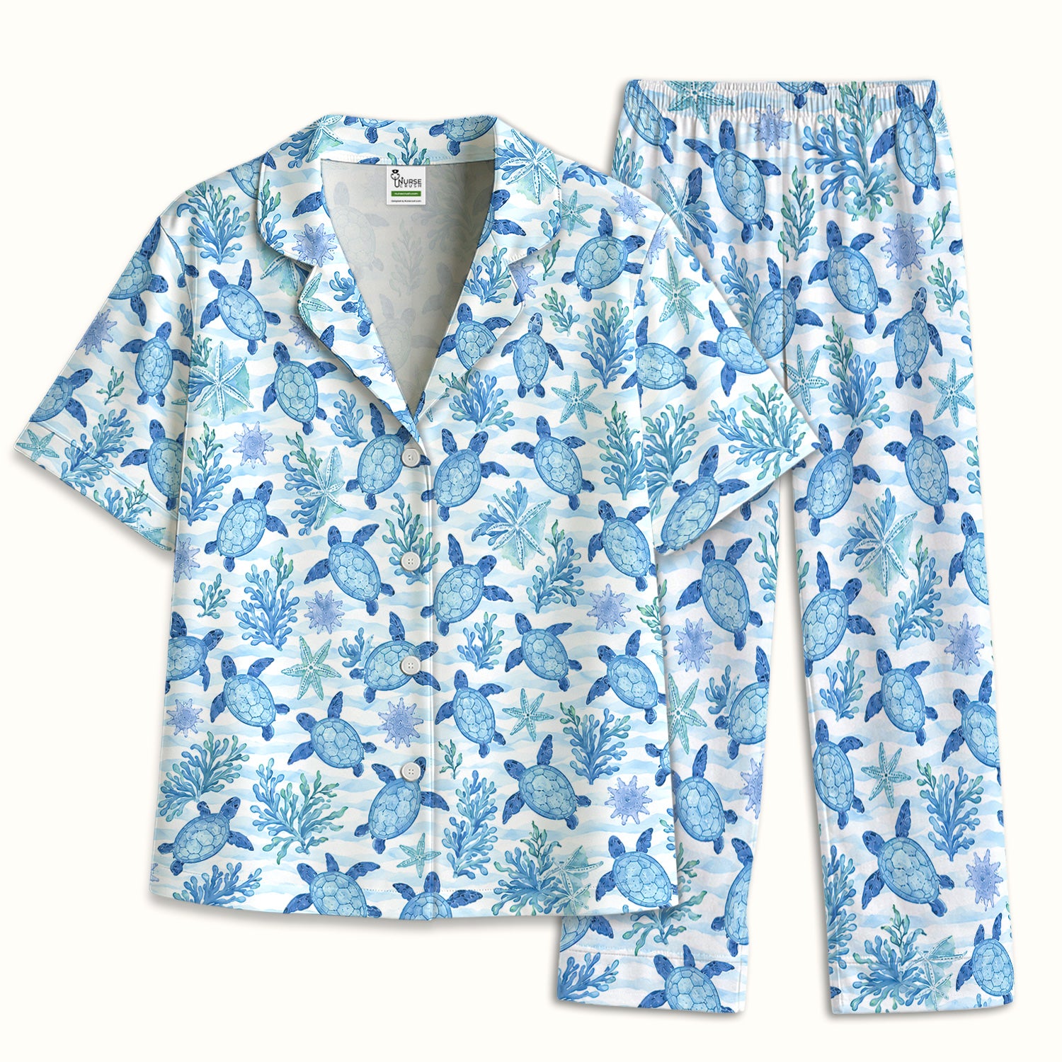 Cute Coastal Sea Turtle Coral Pattern Pajama Set, Soft Breathable Fabric Comfortable Sleepwear