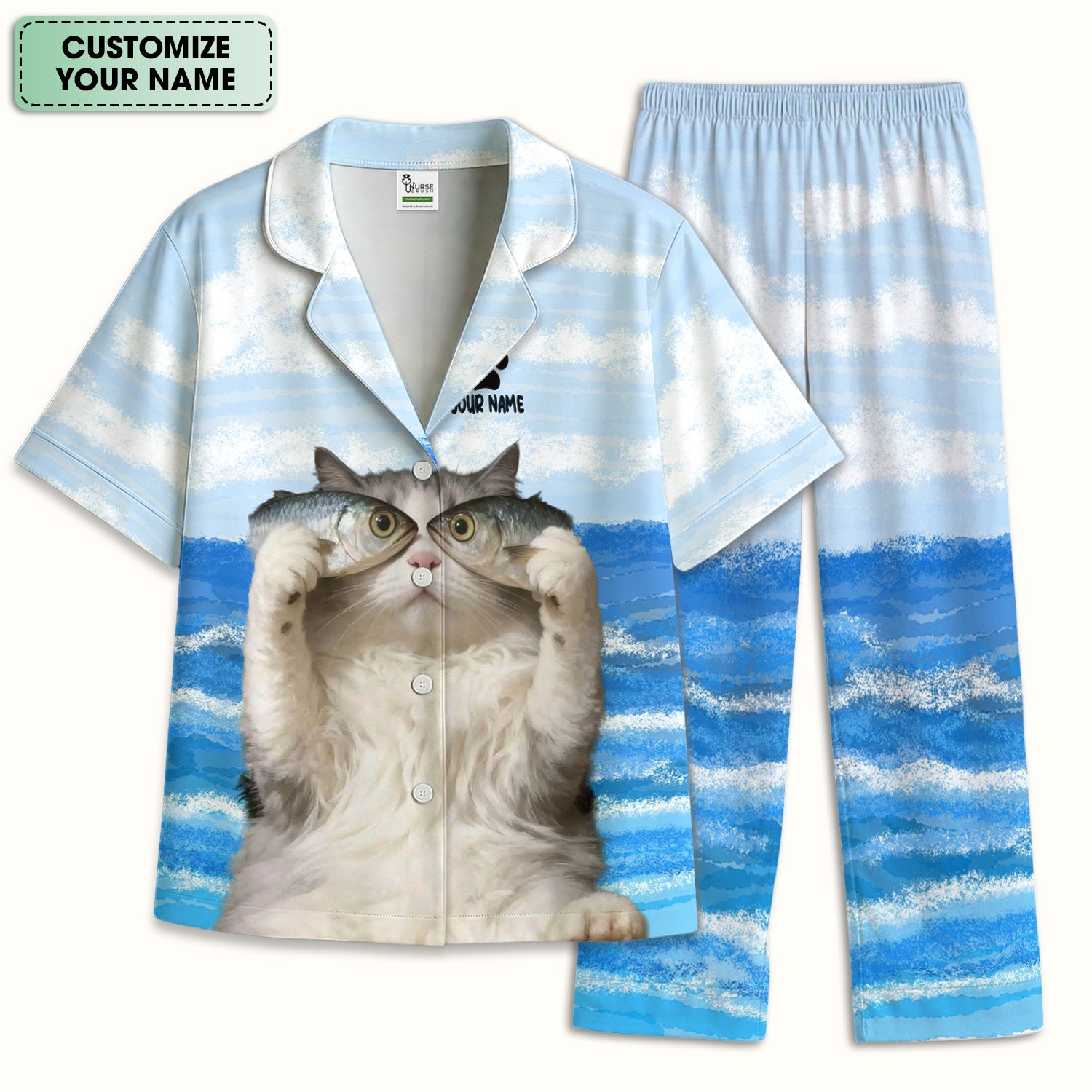 Personalized Cat Holding Fish Pattern Nurse Pajama Set, Soft Breathable Fabric Comfortable Sleepwear