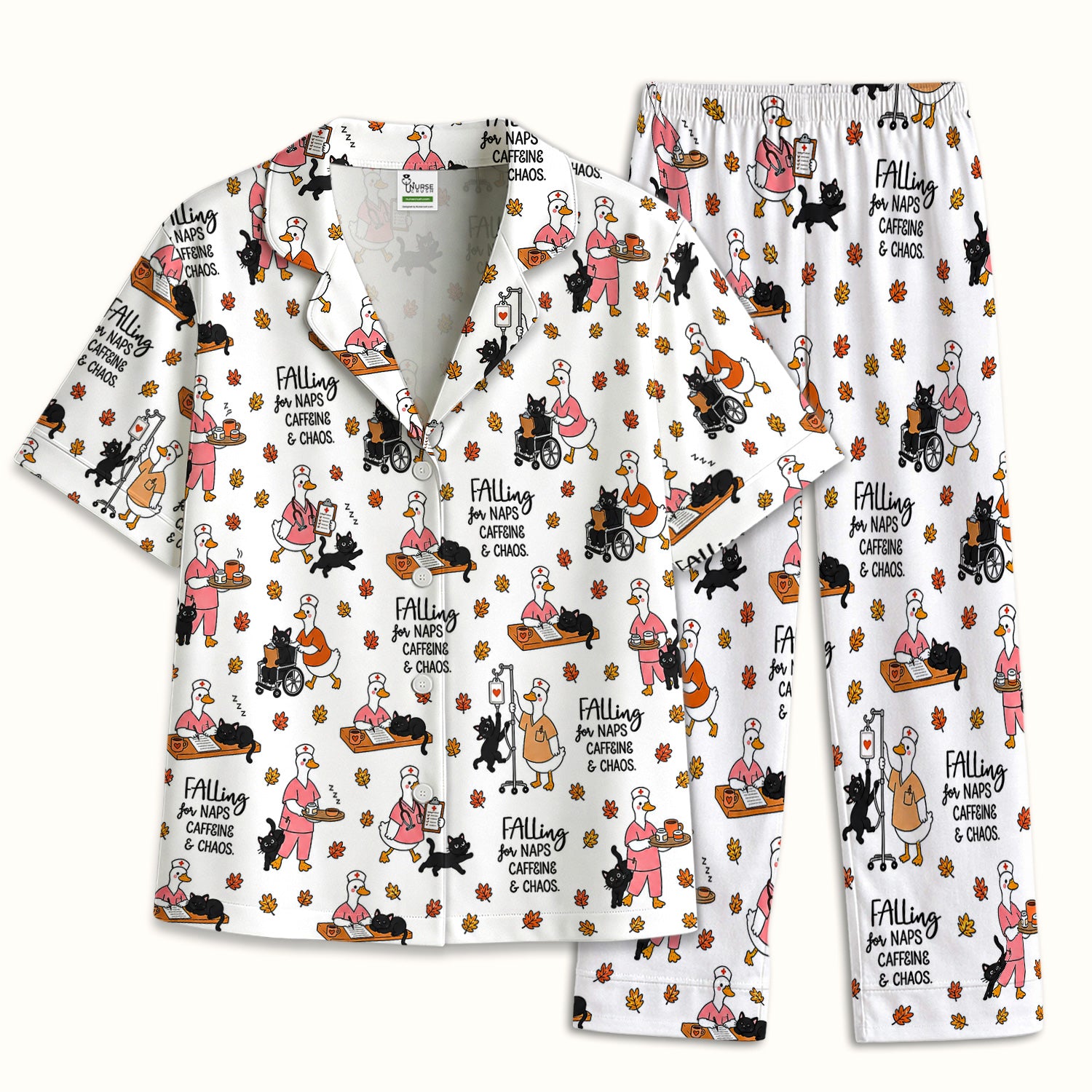 Funny Fall Nurse Goose And Black Cat Pajama Set, Soft Breathable Fabric Comfortable Sleepwear