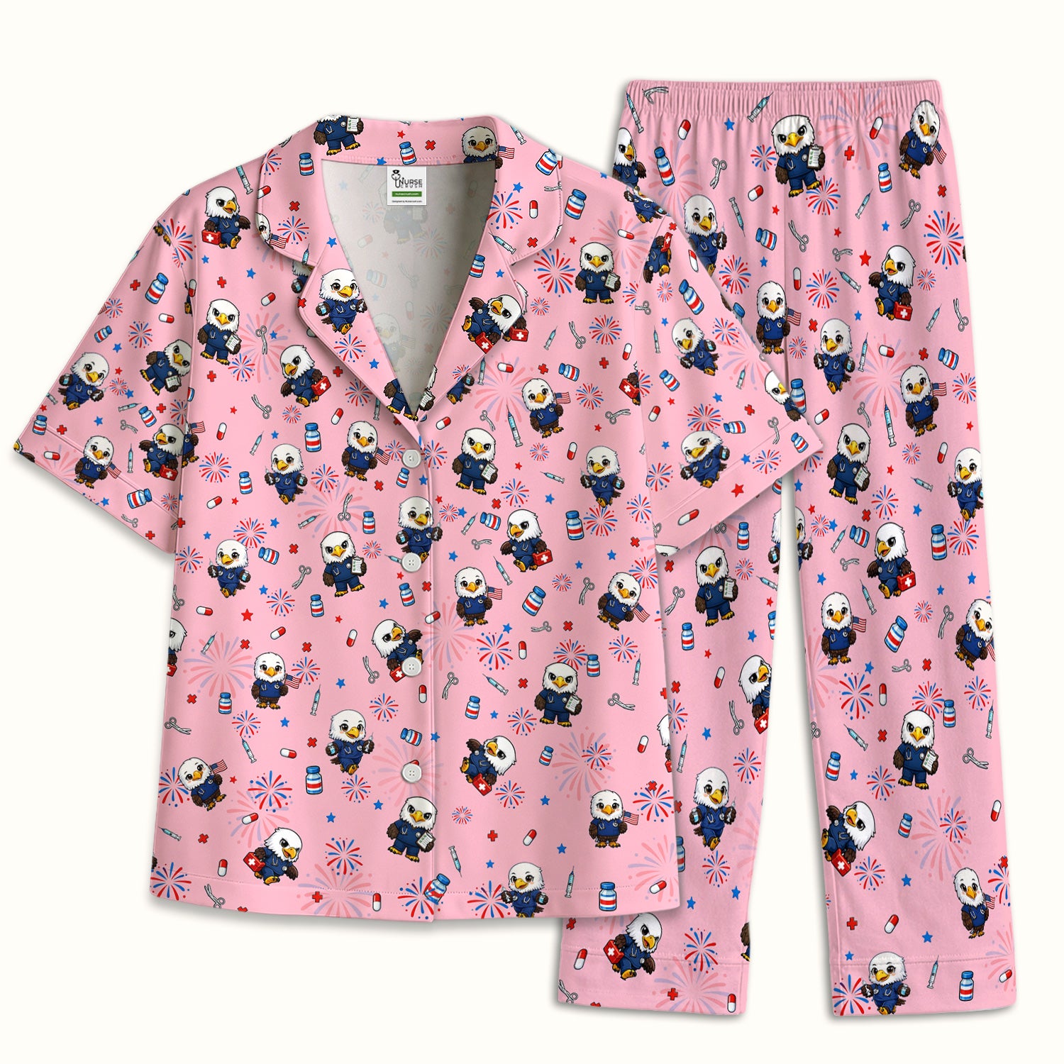 Patriotic Nurse Eagle Fireworks Medical Pattern Pajama Set, Breathable Fabrics Uniform