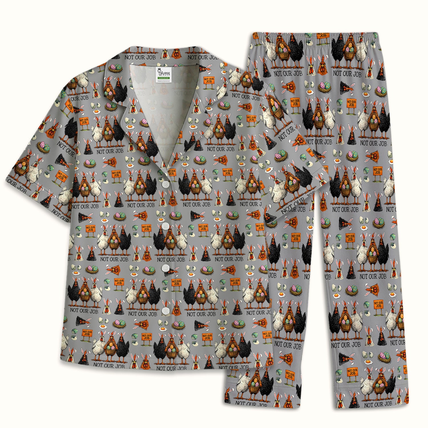 Funny Easter Chicken Humor Pattern Pajama Set, Breathable Fabrics Uniform