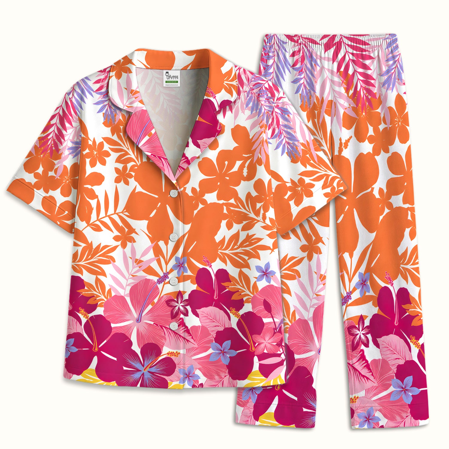 Cheerful Tropical Hibiscus Bloom Pattern Pajama Set, Soft Breathable Fabric Comfortable Sleepwear