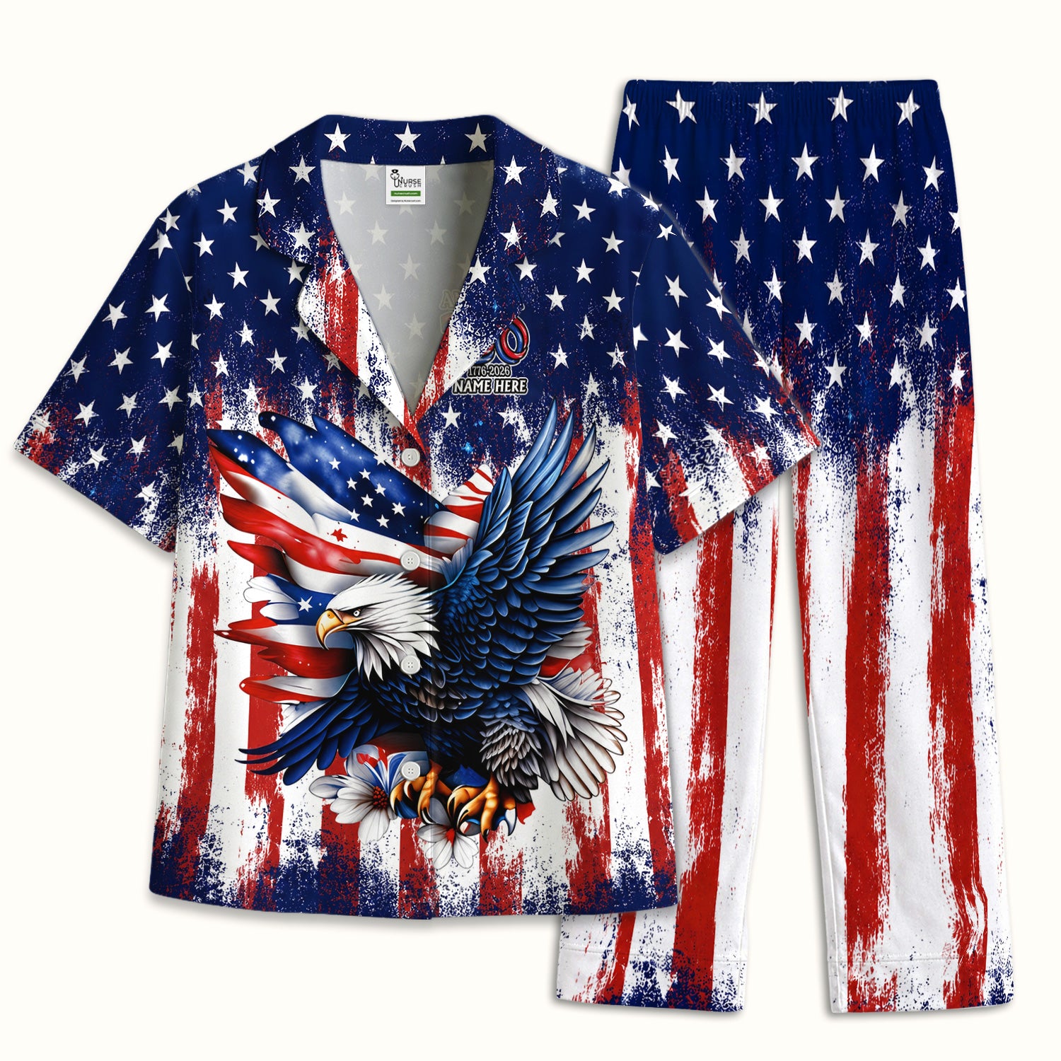 Personalized Patriotic Eagle Flag Pattern Pajama Set, Soft Breathable Fabric Comfortable Sleepwear
