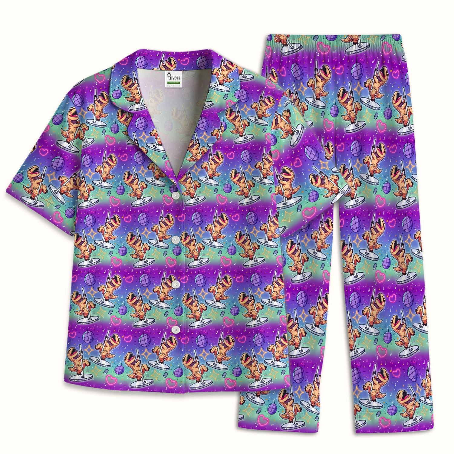 Funny Dancing Dinosaur Disco Party Pattern Nurse Pajama Set, Soft Breathable Fabric Comfortable Sleepwear