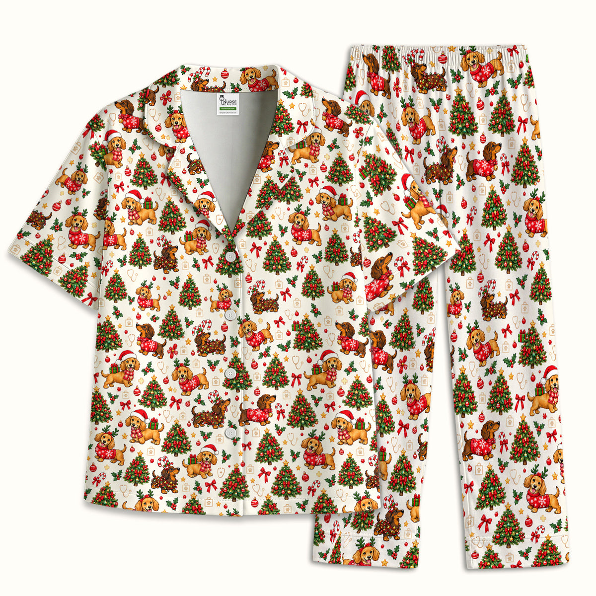 Cute Christmas Dachshund And Tree Pattern Pajama Set, Soft Breathable Fabric Comfortable Sleepwear