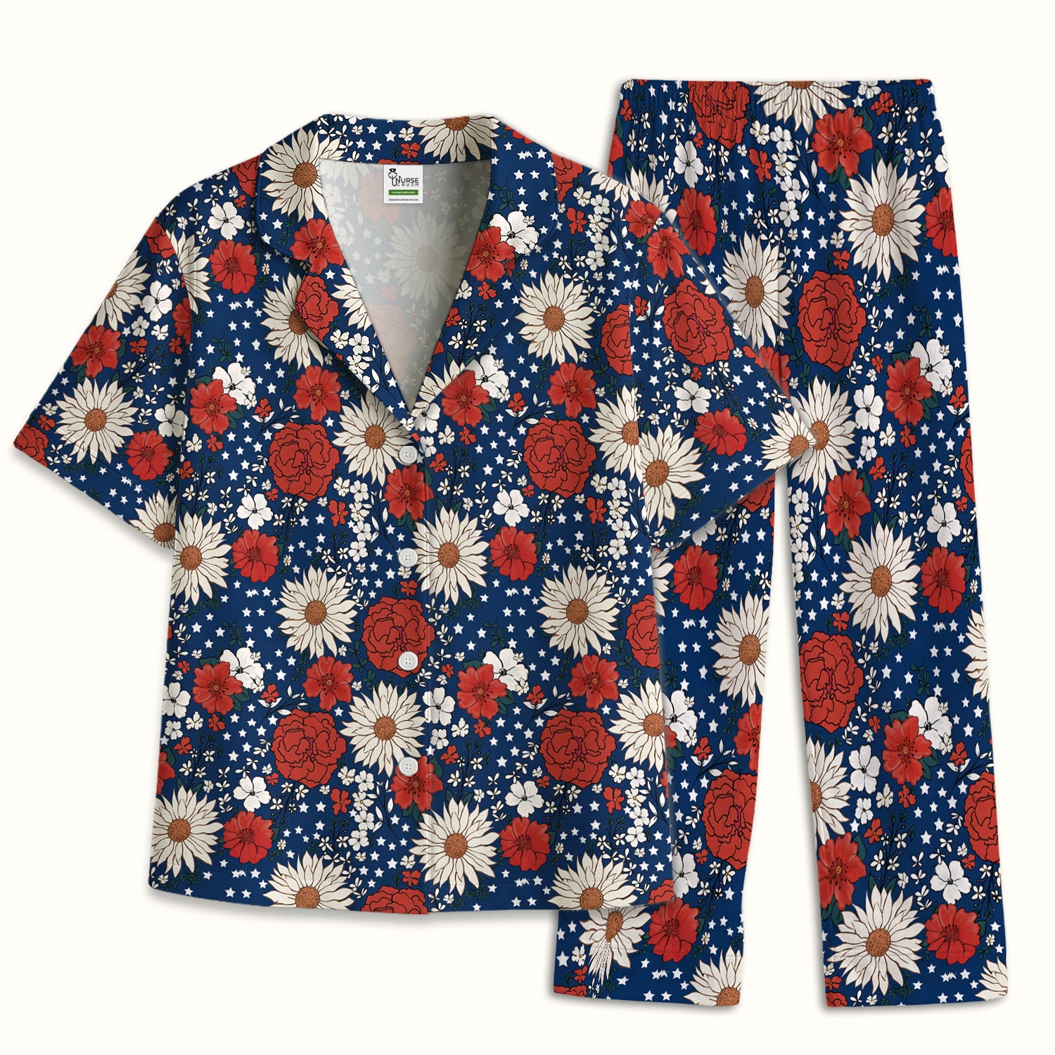 Red White Blue Floral Pattern Pajama Set, Soft Breathable Fabric Comfortable Sleepwear