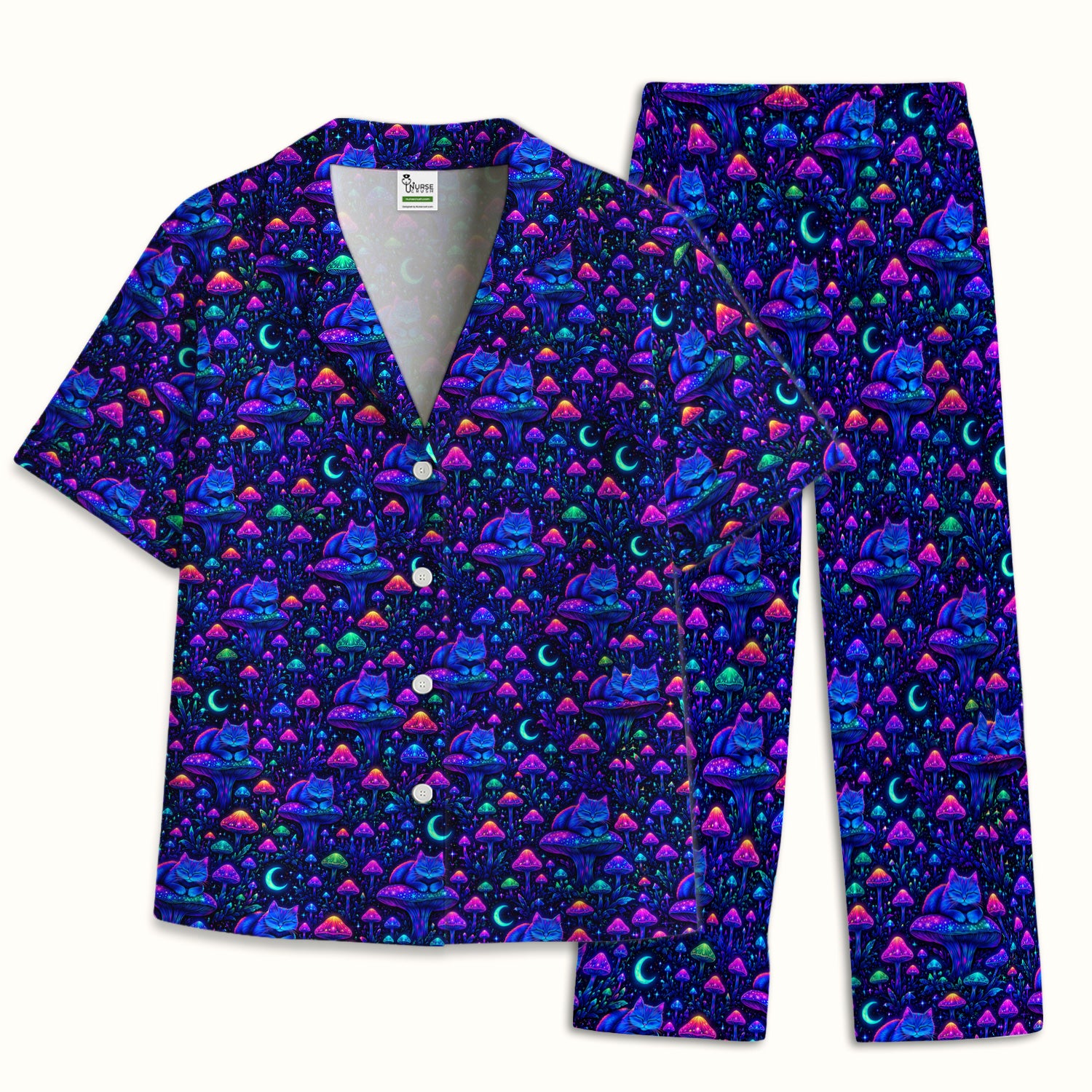 Neon Mushroom Cat Galaxy Pattern Pajama Set, Soft Breathable Fabric Comfortable Sleepwear