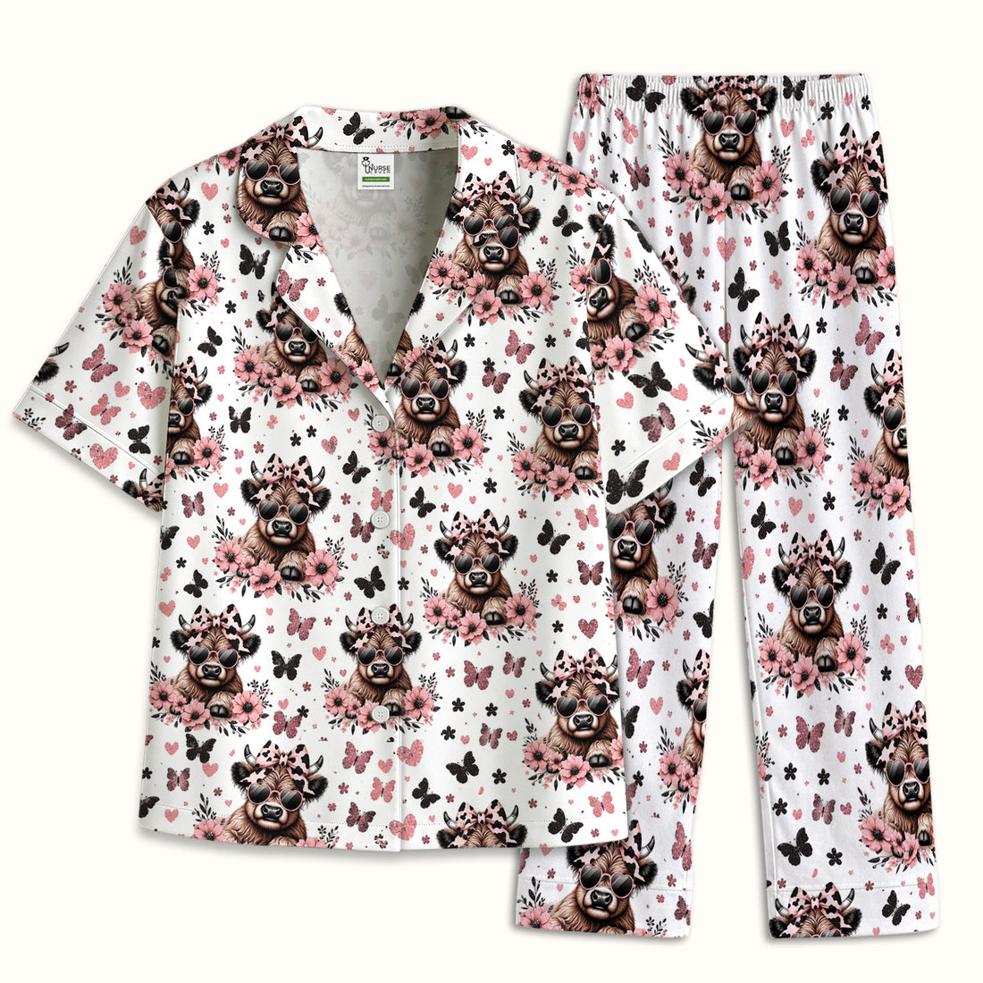 Cute Cow With Heart Sunglasses Pattern Pajama Set, Soft Breathable Fabric Comfortable Sleepwear