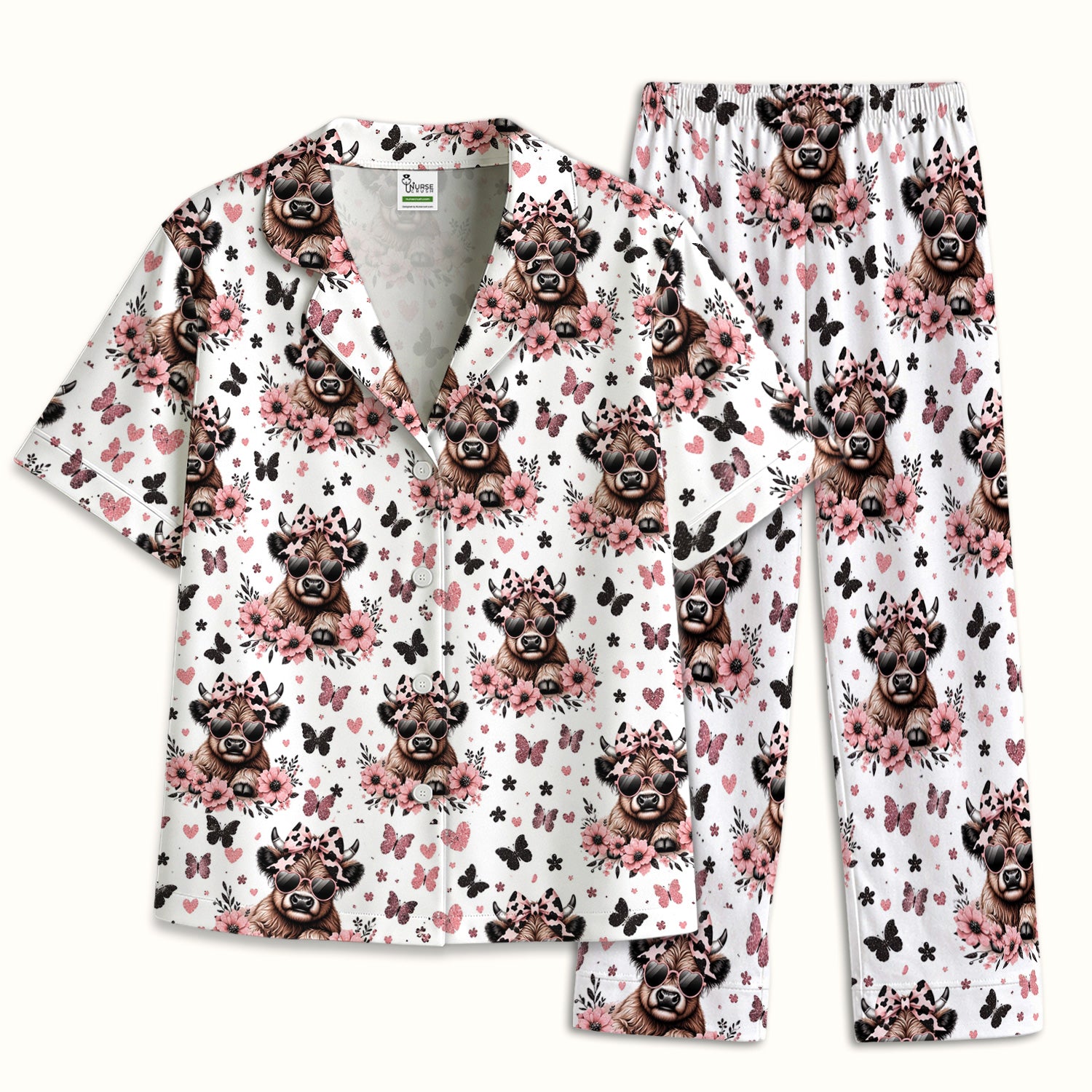 Cute Cow With Heart Sunglasses Pattern Pajama Set, Soft Breathable Fabric Comfortable Sleepwear