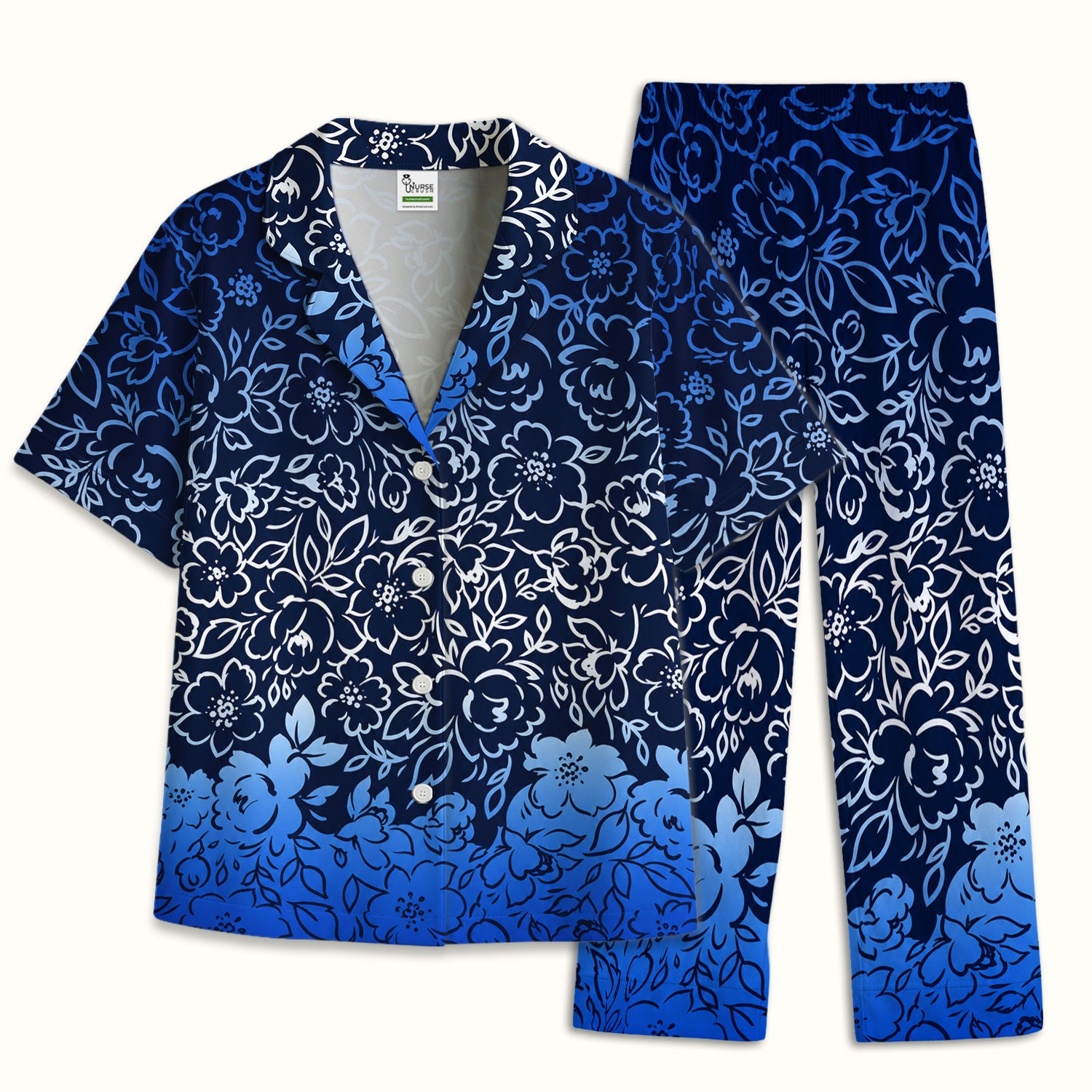 Navy Botanical Flower Print Pajama Set, Soft Breathable Fabric Comfortable Sleepwear