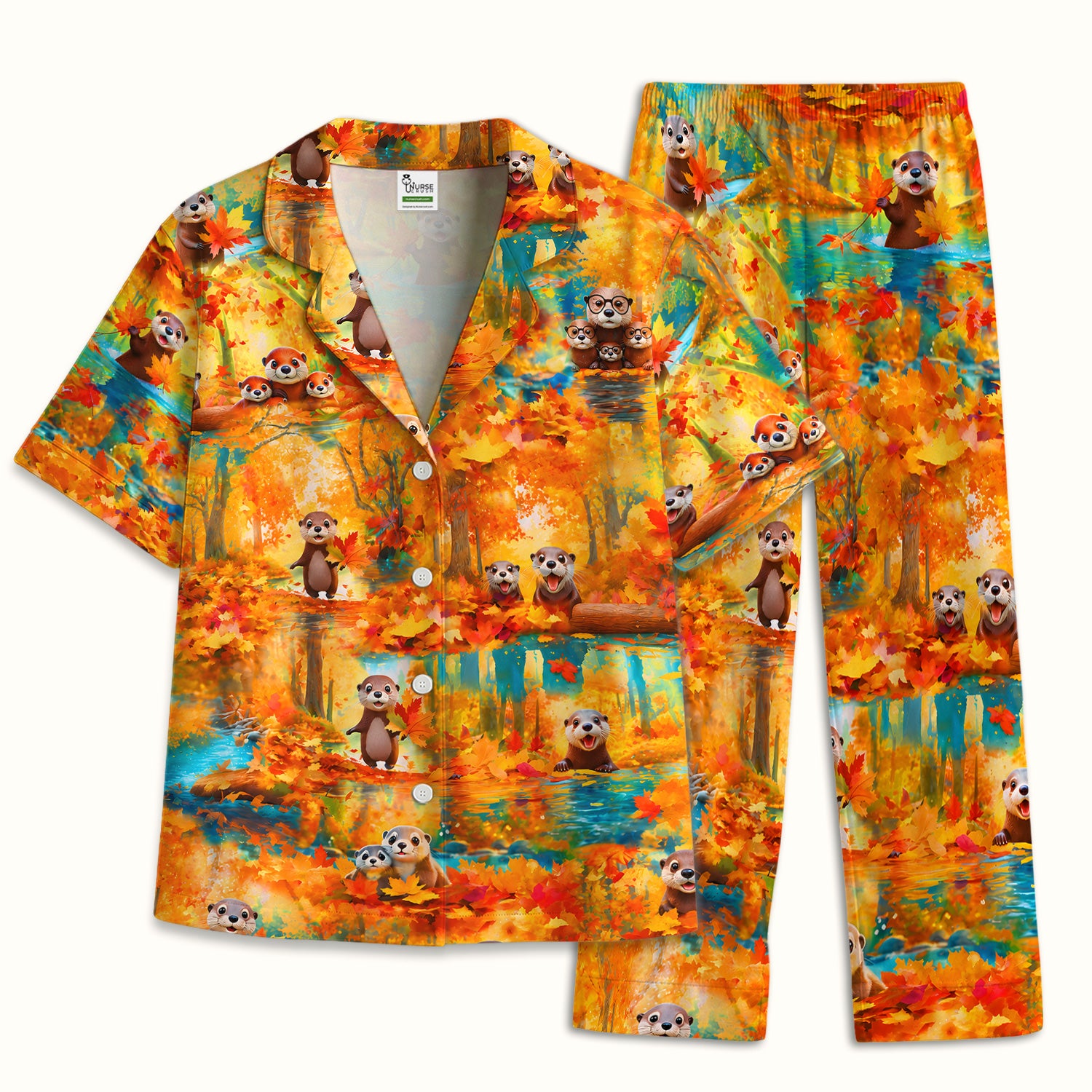 Cute Autumn Otter Leaf Forest Pattern Pajama Set, Soft Breathable Fabric Comfortable Sleepwear