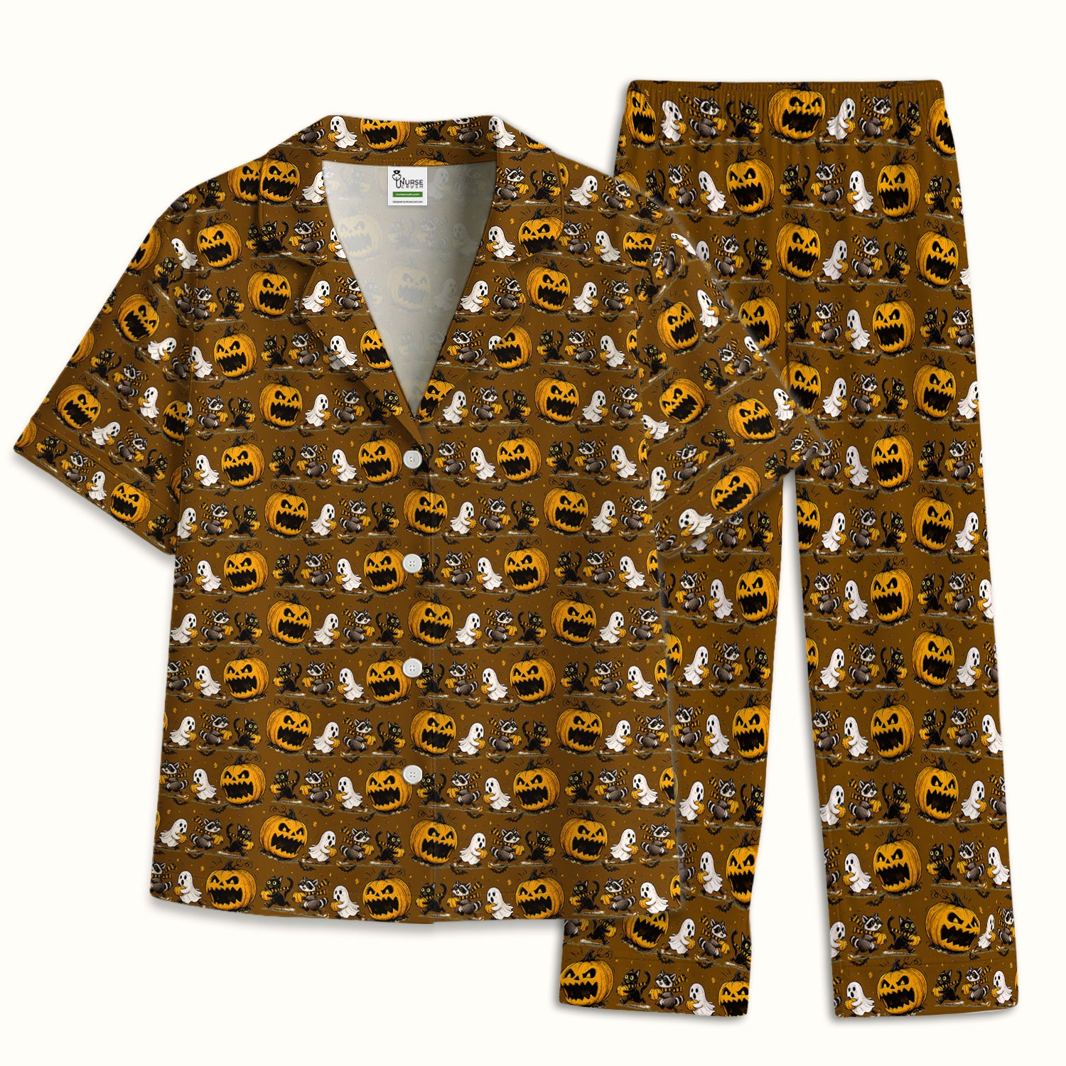 Spooky Halloween Woodland Critters Pattern Pajama Set, Soft Breathable Fabric Comfortable Sleepwear