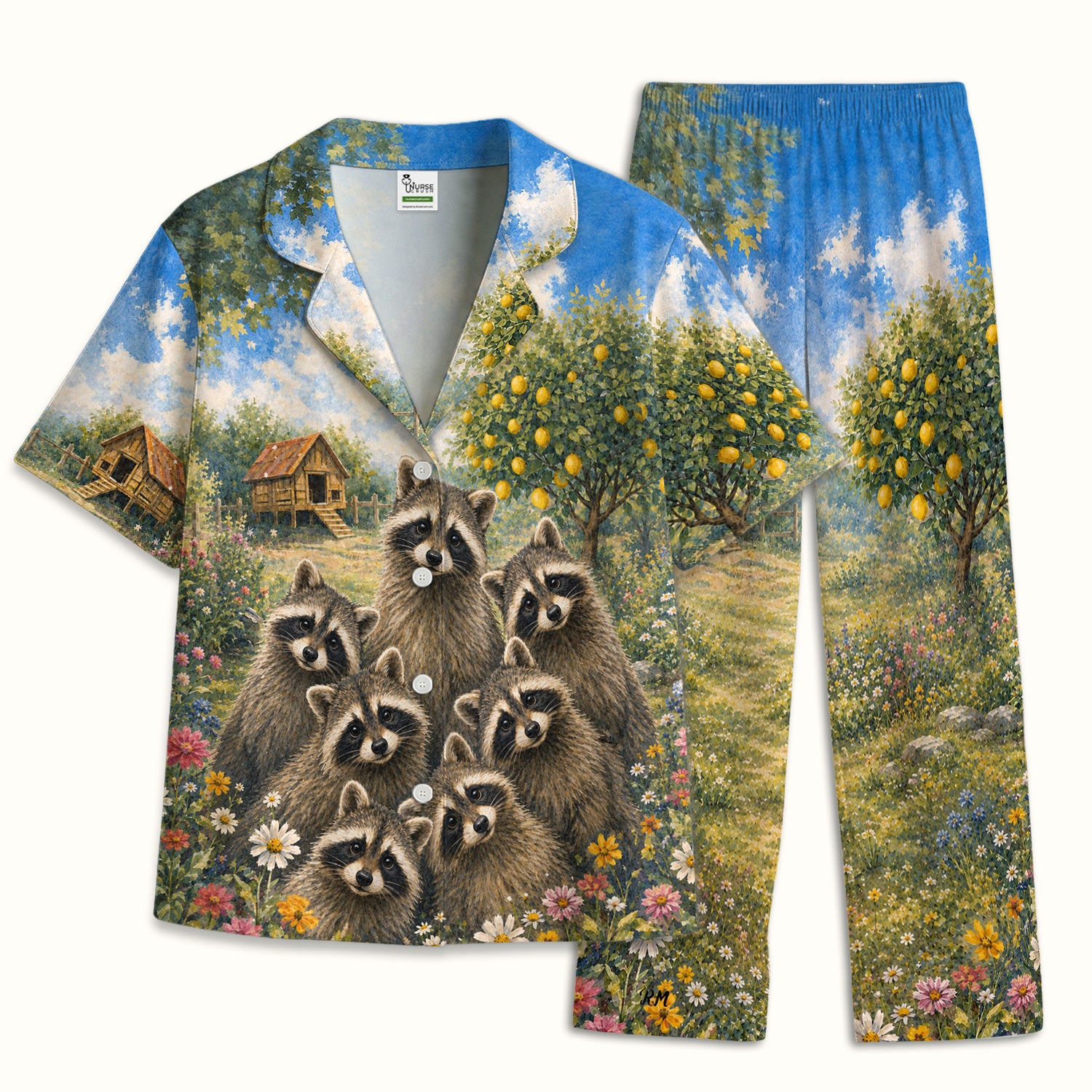 Adorable Raccoon Family Garden Pattern Pajama Set, Soft Breathable Fabric Comfortable Sleepwear