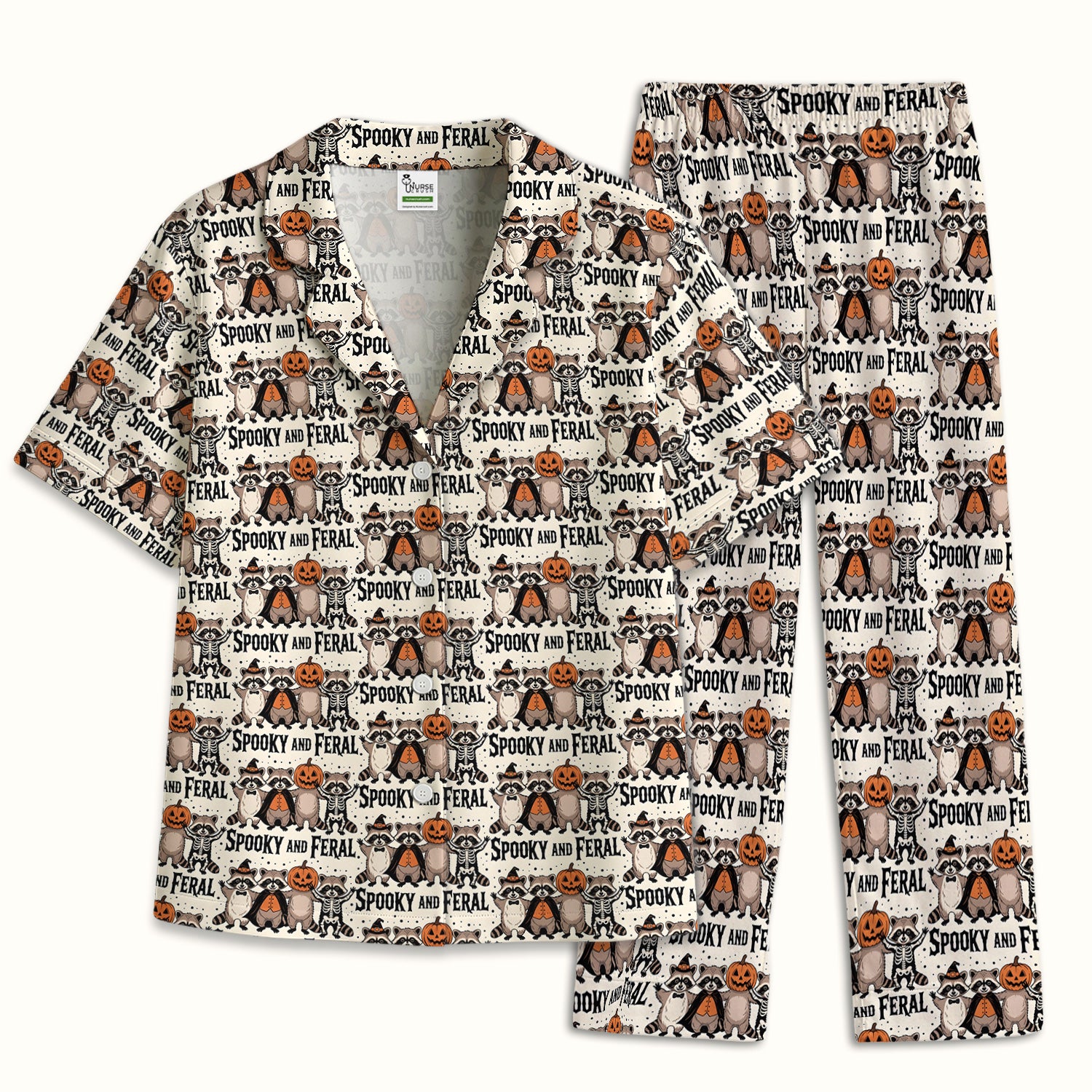 Spooky and Feral Raccoon Print Pajama Set, Soft Breathable Fabric Comfortable Sleepwear